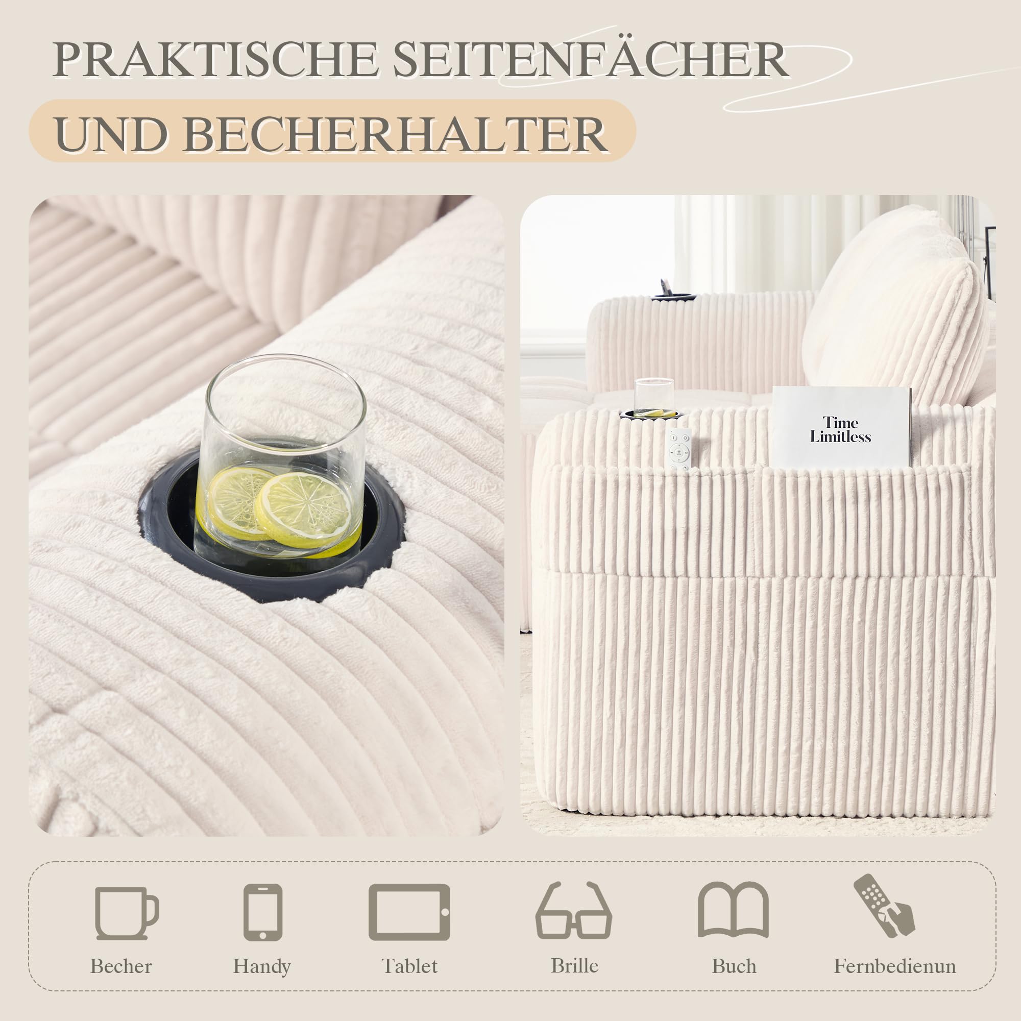 Canapé d'angle convertible, 253 cm, canapé compressé 3 places avec porte-gobelets et poches latérales, canapé modulable en velours côtelé avec méridienne en L pour salon - Aucun montage requis
