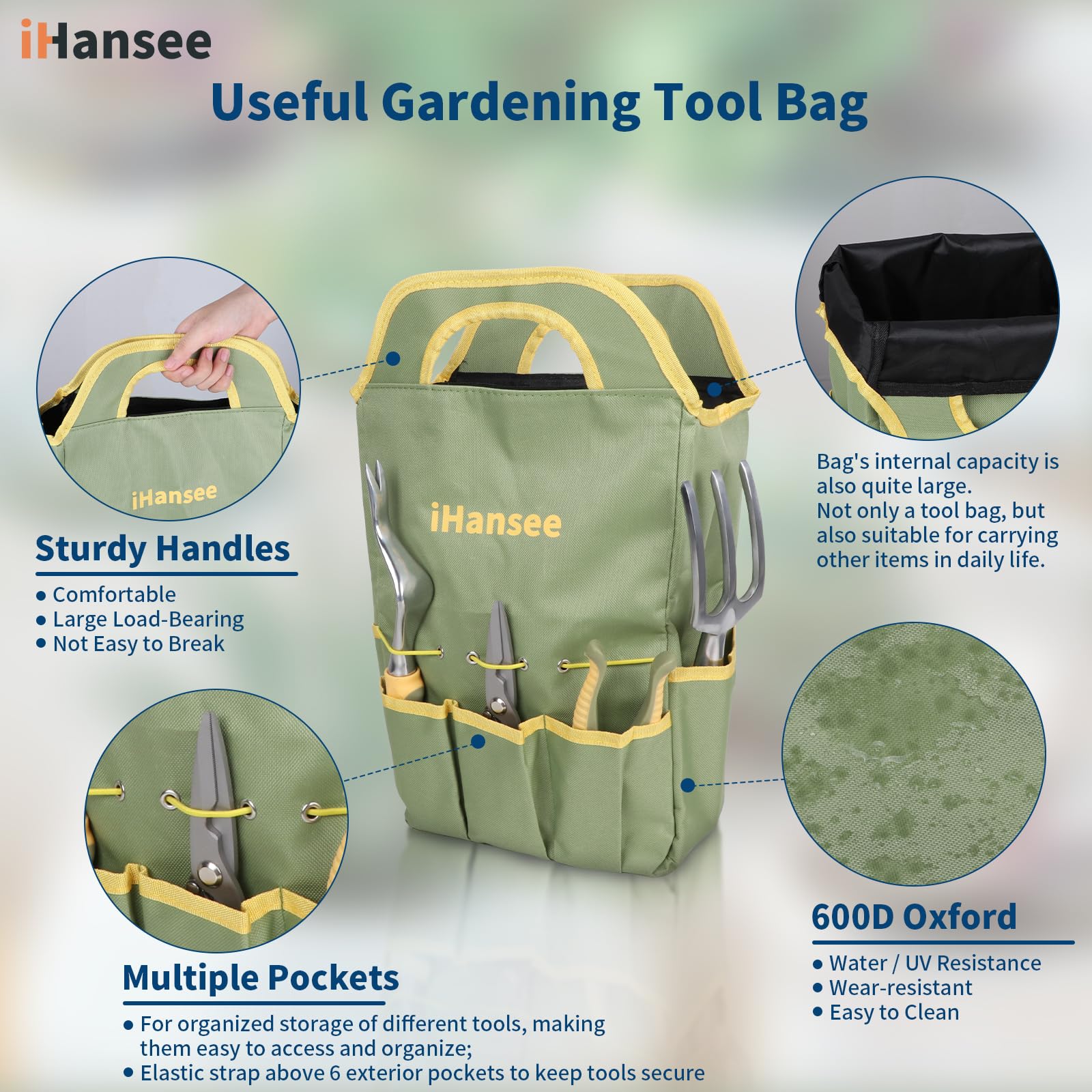 Set di 12 attrezzi da giardino, in alluminio resistente, con manico in gomma antiscivolo, grembiule da giardino, guanti, ginocchiera e borsa portaoggetti, attrezzi da giardino per