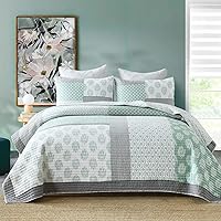 Vista 2 de PANGUSHAN - Juego de edredón tamaño Queen, edredón de algodón 100%, juego de ropa de cama, colcha reversible a cuadros florales para cama Queen