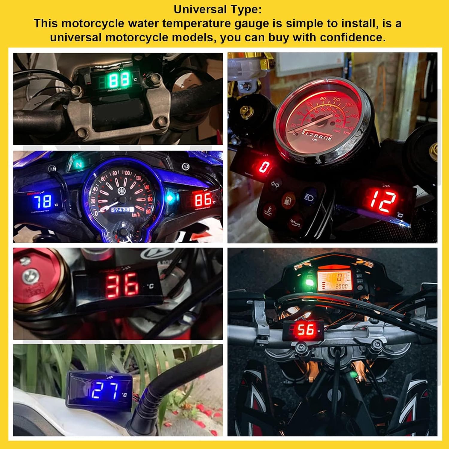 Motorcycle Water Temperature Gauge DC12V Digital Thermometer with LCD Display, ABS Housing, 0-120°C Temperature Range, Alert for Overheating, Includes Sensor Adapter Cable Tee (Red)