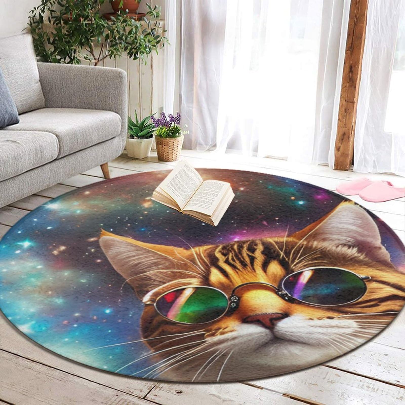 WUXEKZO Paisley Memory Foam Cool Cat Galaxy with Sunglasses Art Circular Mat for Home, Office - Absorbent Standing Mat Abstract Decor