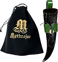 Vista 1 de Mythrojan Cuerno pequeño para beber con soporte de cuero verde auténtico medieval inspirado vikingo vinomead taza 5.1 fl oz