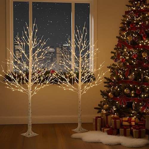 Miniatura 2 de EAMBRITE Árbol de Abedul Iluminado, Árboles de Navidad Blancos de 6 pies con Temporizador y Atenuador, Árbol Artificial Preiluminado con 128 Luces