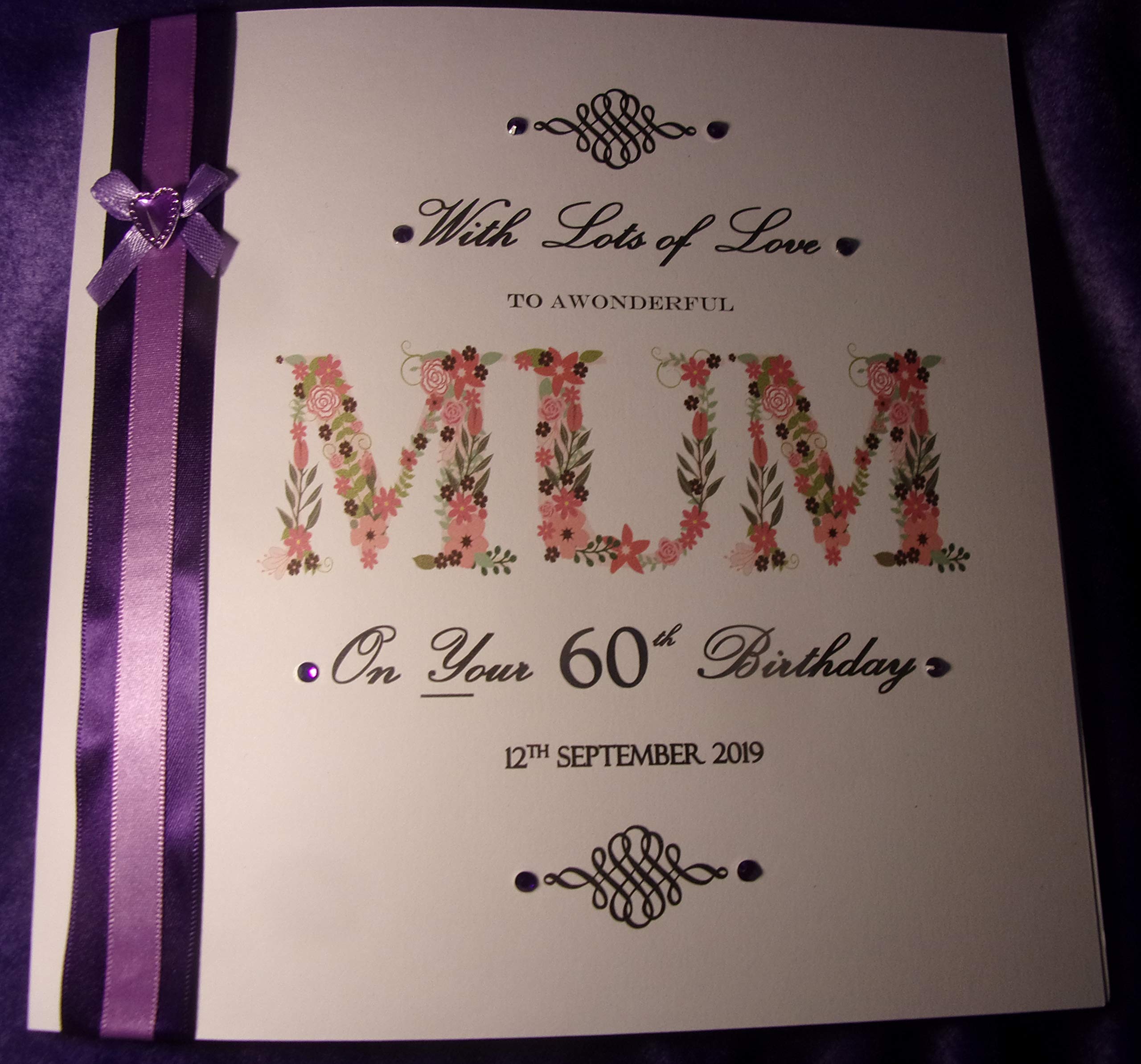 Personalised Birthday Card for Mum Mam Nan Gran with Ribbon, Bow and Gems Large 8 Inch 30th 40th 50th 60th 70th 80th 90th 100th