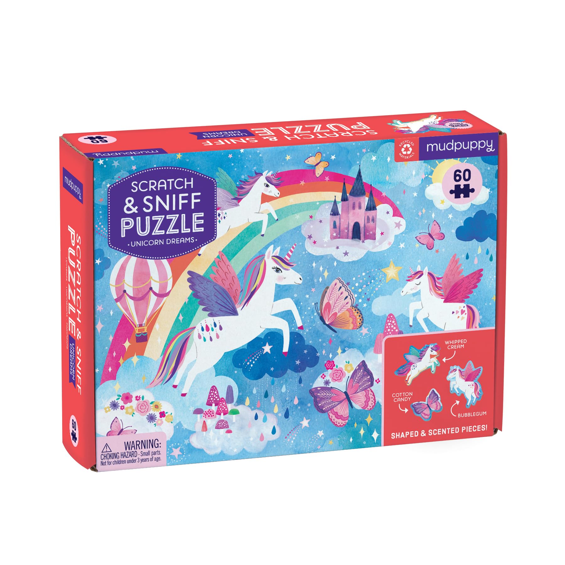 Unicorn Dreams Scratch and Sniff Puzzle from Mudpuppy - 60 Piece Jigsaw Puzzle with 6 Shaped Pieces, Features Colorful Illustrations, 3 Magical Scents