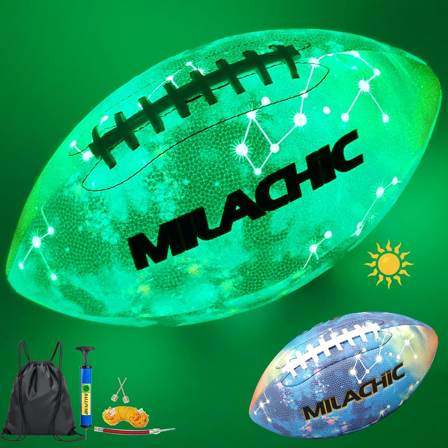 Glow in The Dark Football Size 9 & Youth Size 6, Luminous Glowing Footballs Super Grip Composite Leather Football Balls with Pump and Ball Carry Bag