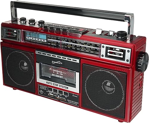 Supersonic SC-3201BT - Boombox de radio de 4 bandas y reproductor de cassette, altavoz Bluetooth, radio AMFMSW con reproducción de MP3, tarjeta USB