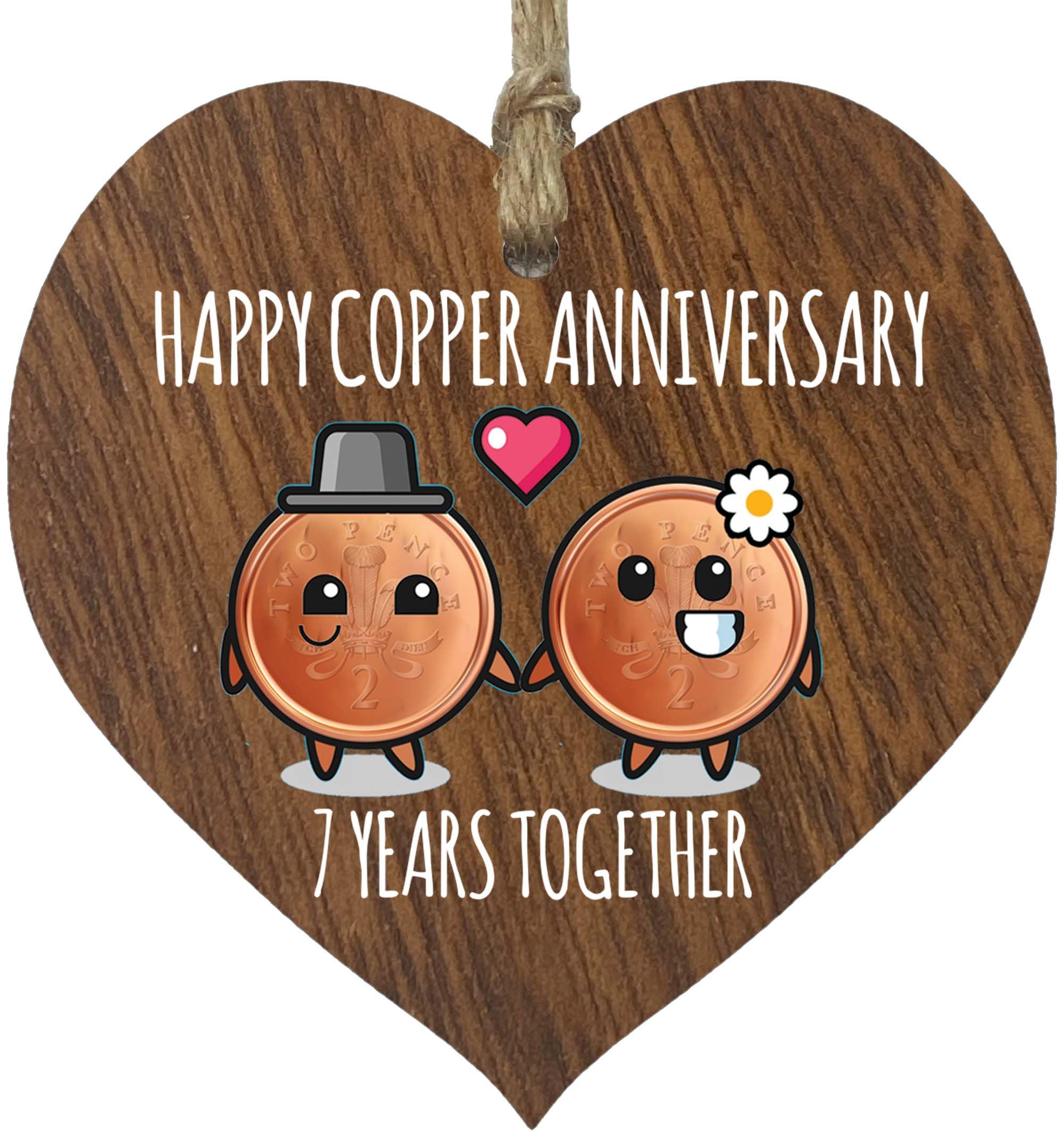 7th Wedding Anniversary Plaque Gift for Husband Wife - 7 Years Together - Happy Copper Anniversary Wooden Heart for Women Men Partner, Dark Wood Sign Keepsake Gifts