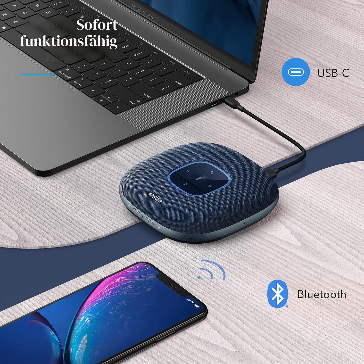 Anker PowerConf S3 Bluetooth-Freisprecheinrichtung mit sechs eingebauten Mikrofonen, verbesserte Tonaufnahme, 24 Stunden Anrufzeit, App-Steuerung, Bluetooth 5, USB-C (blau) (Generalüberholt)