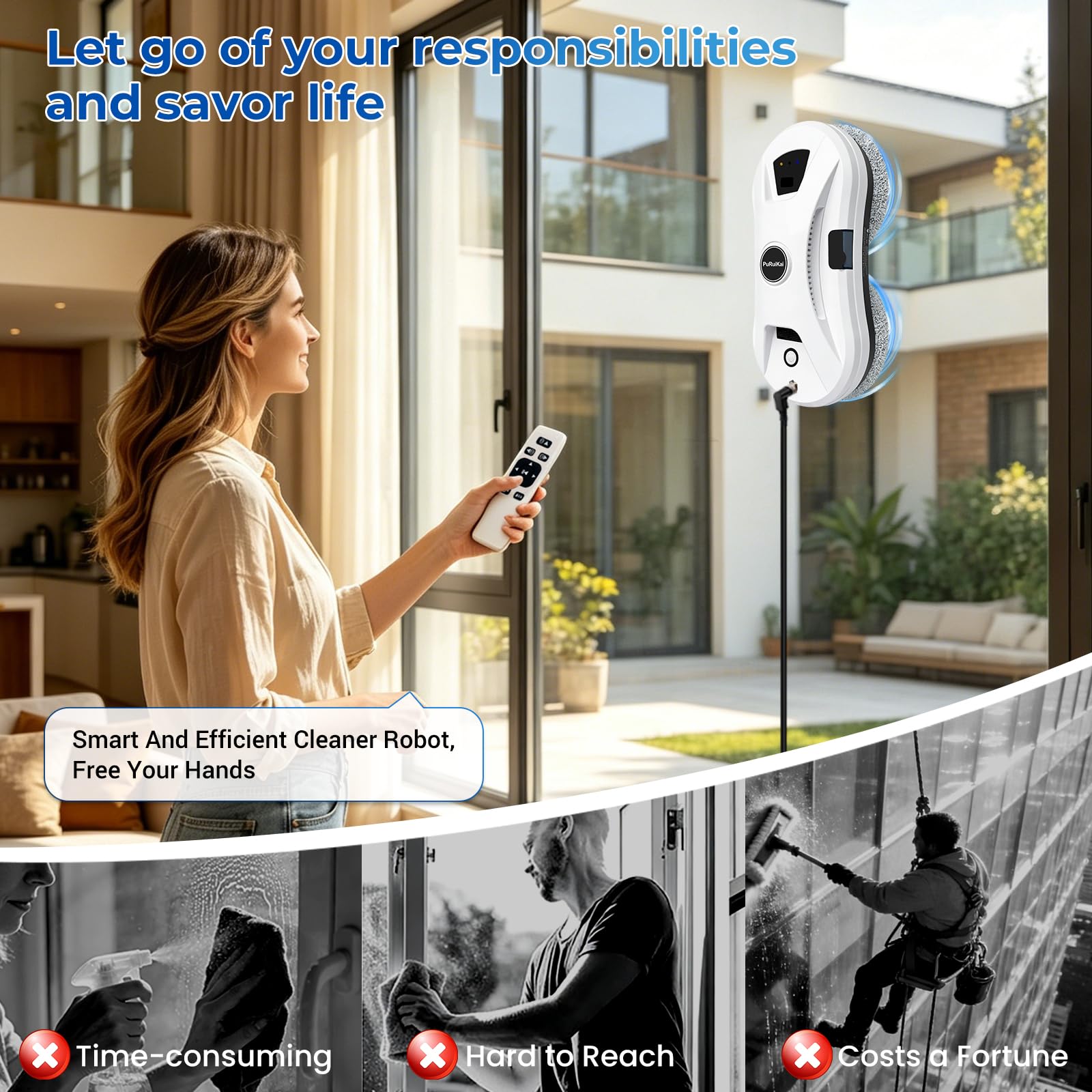 Robot Lave-vitres Automatique, Aspiration 5600Pa, Blanc | Pulvérisation d'eau, 3 modes de nettoyage, télécommande. Idéal pour fenêtres, miroirs et surfaces lisses. Rapide et efficace.
