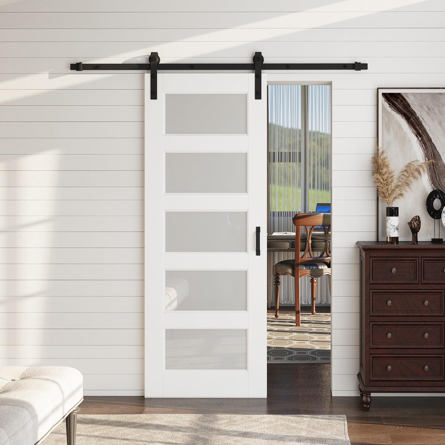 80" H x 28" W 5 Lites White Wood Glass Sliding Barn Doors with Installation Hardware Kit Primed Surface