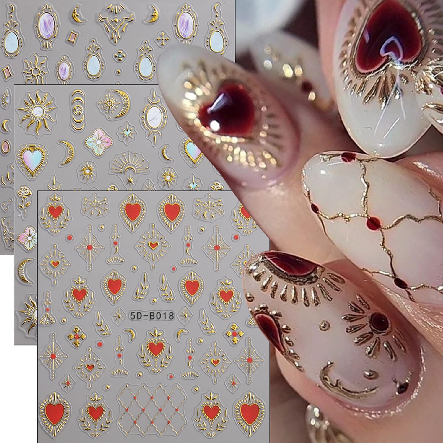 Retro Love Heart Nail Art Stickers 5D Embossed Self-Adhesive Suns Stars Moon Nails Decals Decoration Holographic Retro Gold Totem Nail Stickers Supplies Manicure Art for Women Accessories Decoration
