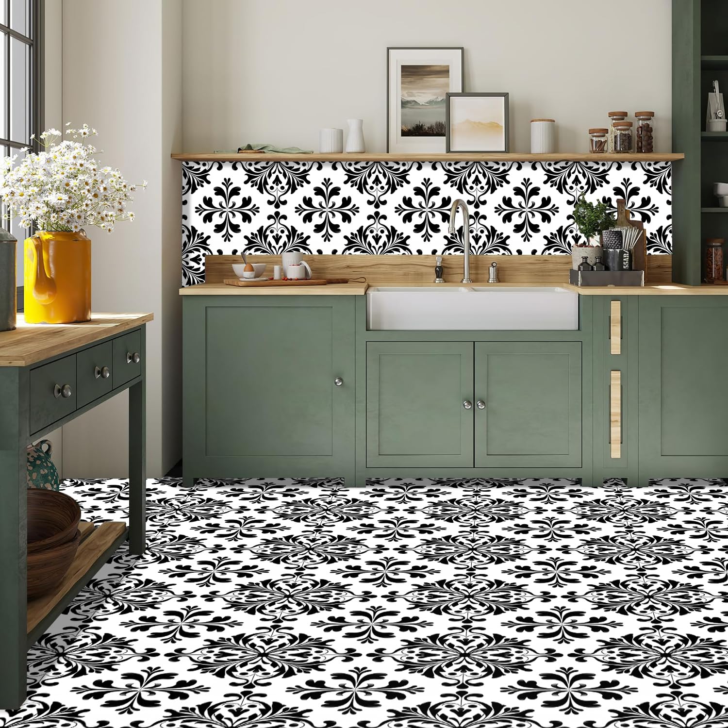 10 azulejos de vinilo retro de 12 x 12 pulgadas, diseño retro de damasco blanco y negro para despegar y pegar, calcomanías de suelo extraíbles e impermeables para baño, entrada, cocina, bar