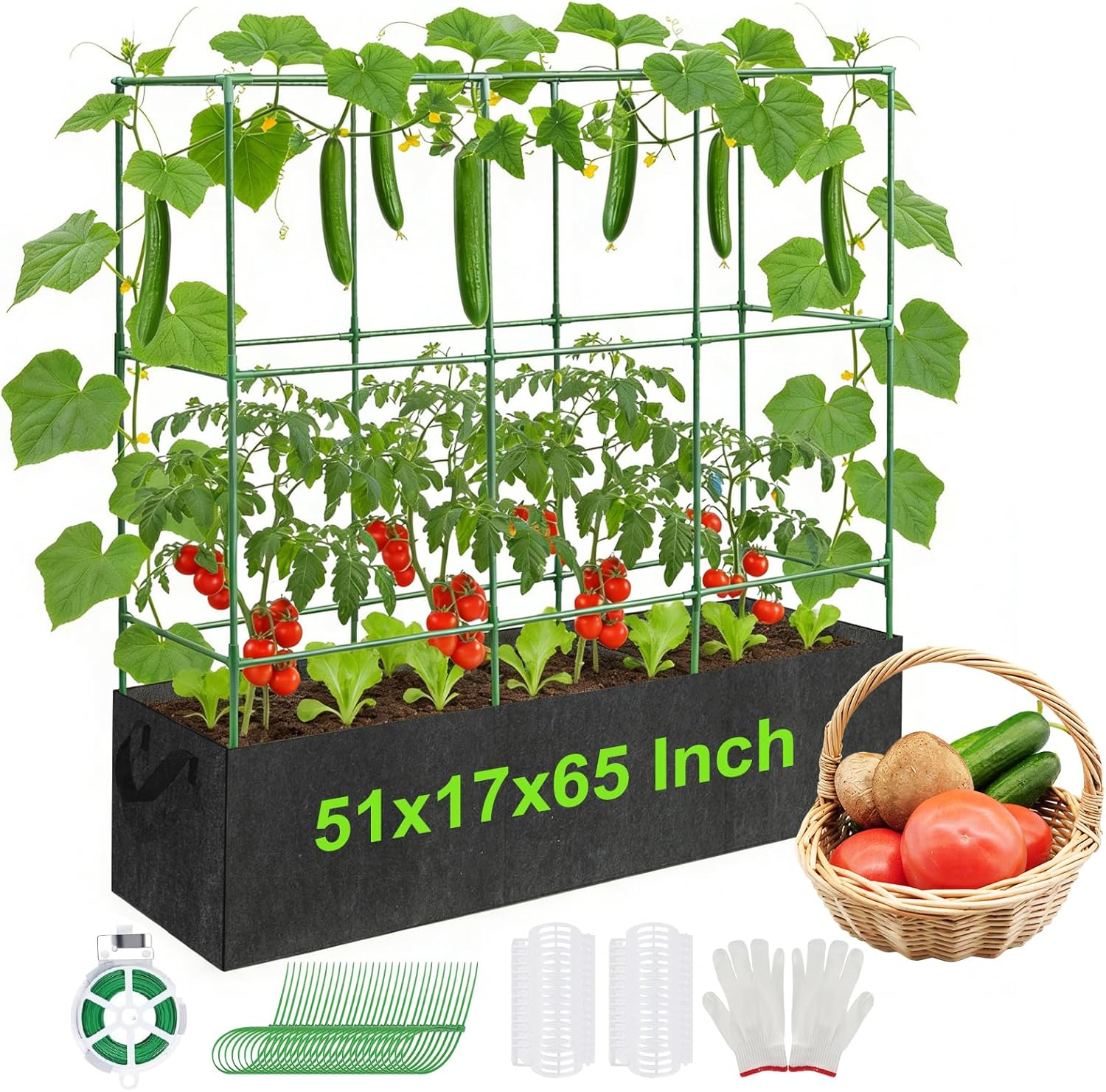 Cucumber Trellis with 46 Gallon Grows Bag, 51x17x65Inch Squar Outdoor Indoor Greenhouse Tomato Cage, Garden Trellis with Plant Support Clips for Climbing Plants Squash, Vegetables, Pumpkin, Pea, Grape