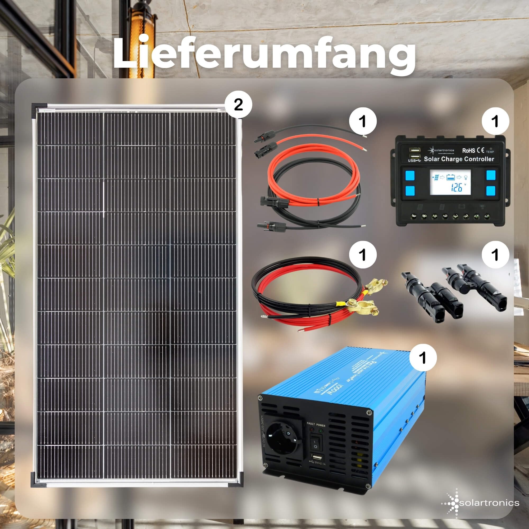 SOLARTRONICS Set completo 2 x 120 Watt modulo solare 1070 x 585 1000 Watt TS1000 convertitore di tensione 20 A regolatore di carica