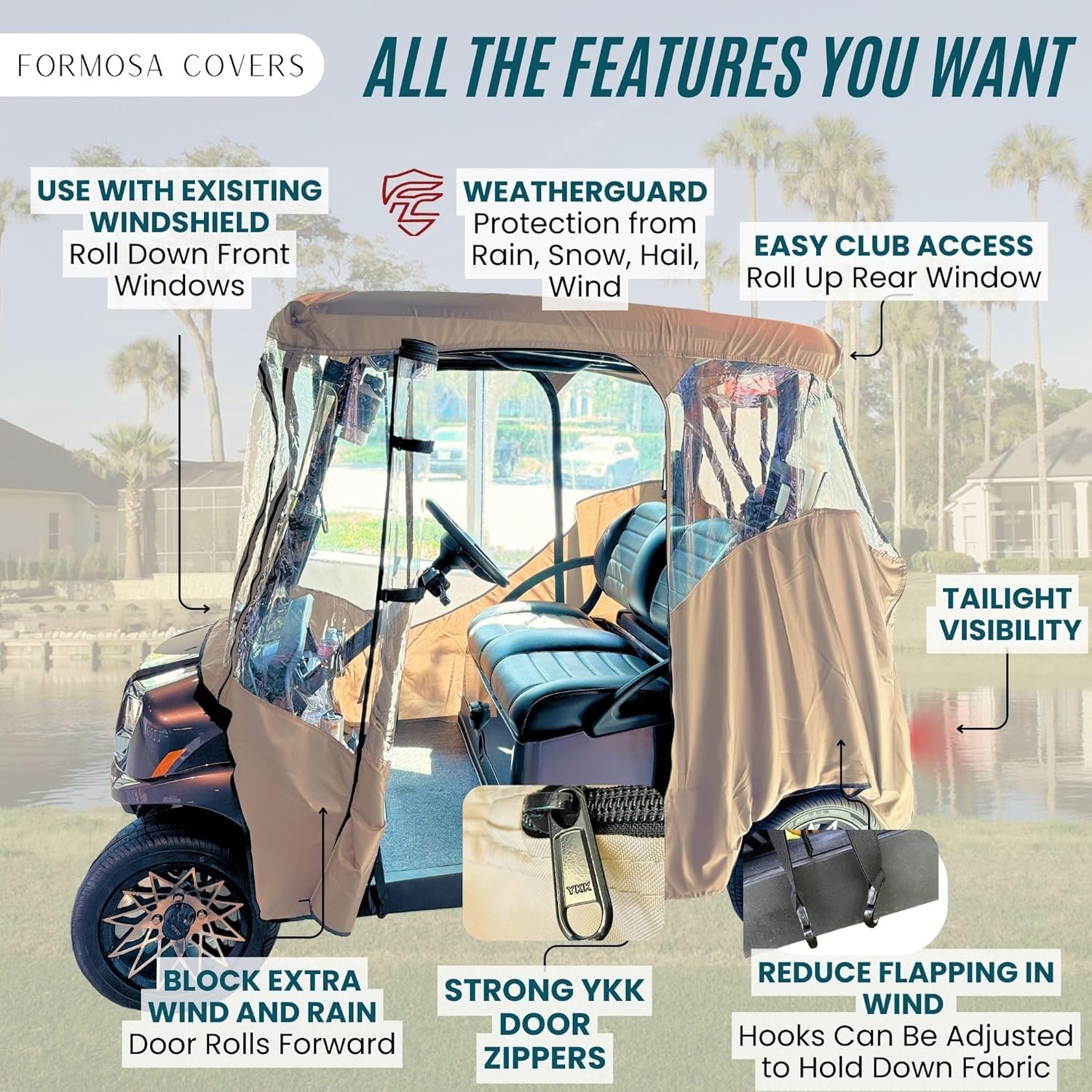 Formosa Covers | 2 Passenger Driving Golf Cart Enclosure Golf Cart Rain Cover, Winter Cover - Strong YKK Door Zipper - Fits EZGO, Club Car, Onward, Yamaha Buggy with Standard Roof up to 58"