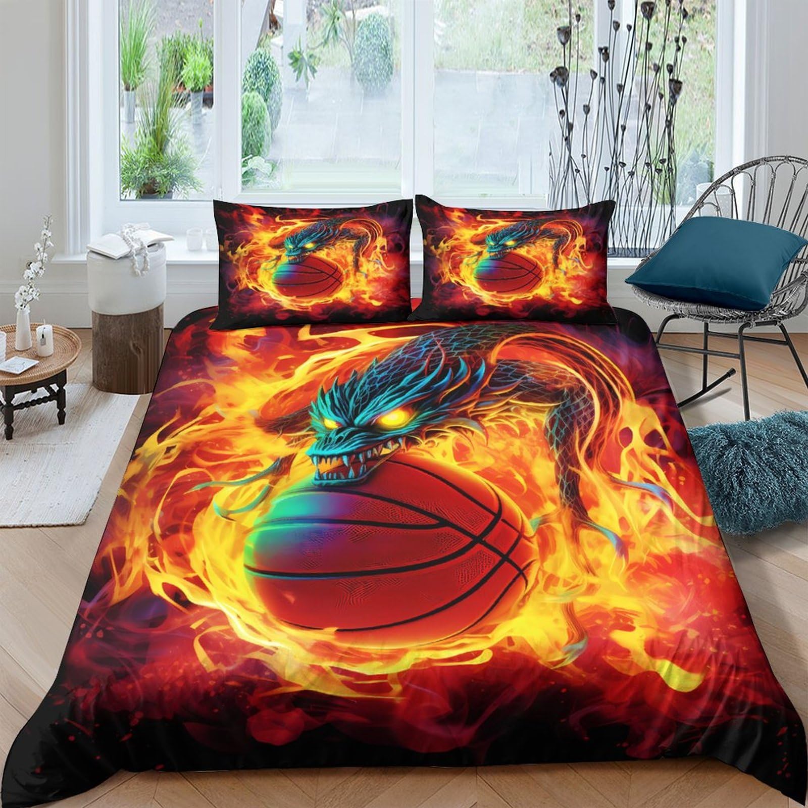 Ctjqhvkz Style-10 3D Printed Fire Dragon Fitted Sheet Microfiber Soft Orange Flame Basketball Mattress Cover For Bedroom Decor Single（135X200cm）