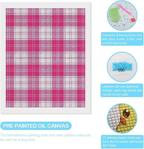 Vista 3 de Pink and White Tartan Plaid Diamond Painting Kits Square Drill Cross Stitch Pictures Wall Art Decor