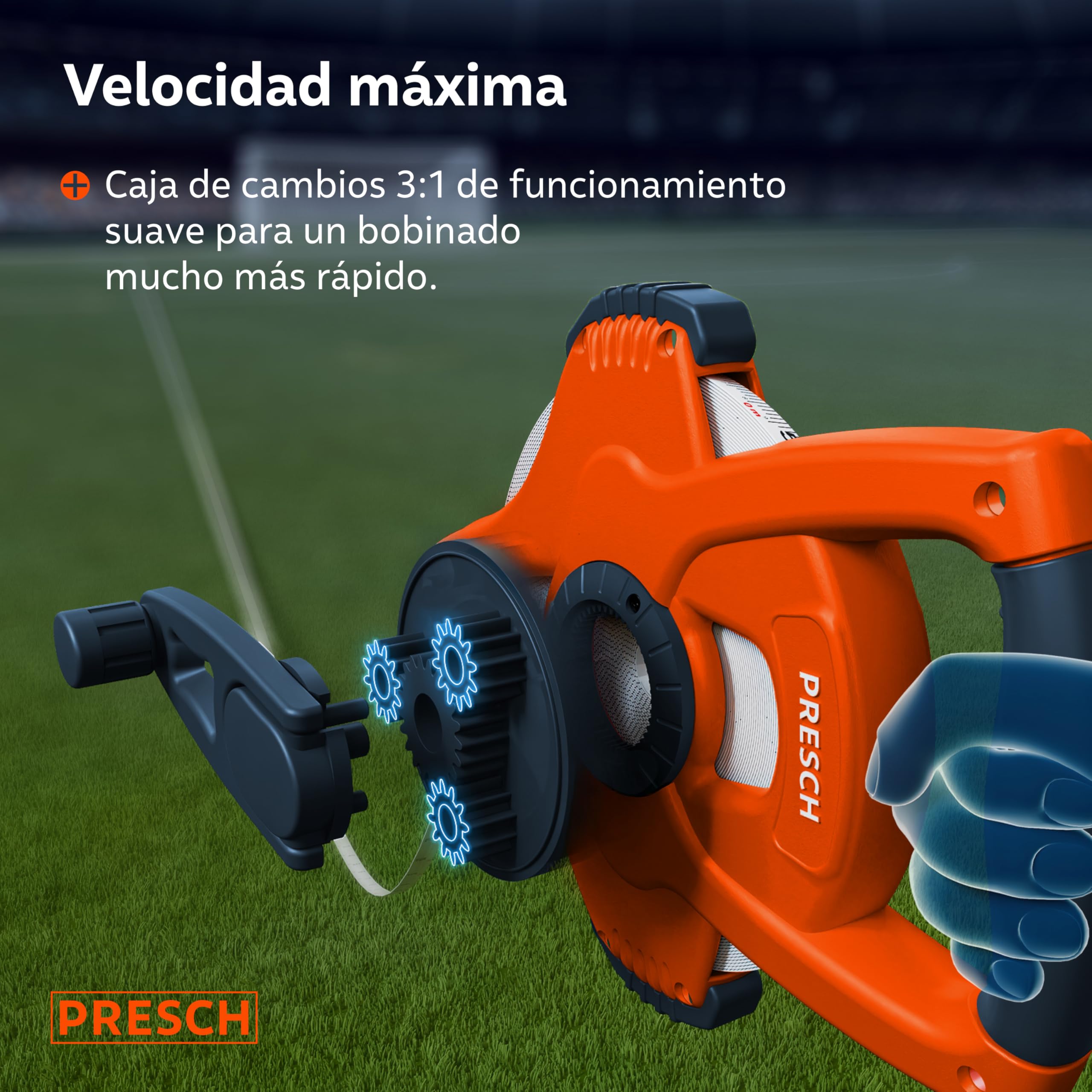 Presch Cinta Métrica 50 metros – Retorno rápido 3:1 – Flexómetro de fibra de vidrio resistente – Bloqueo de manivela para tensión perfecta – Sujeción segura con gancho multifunción