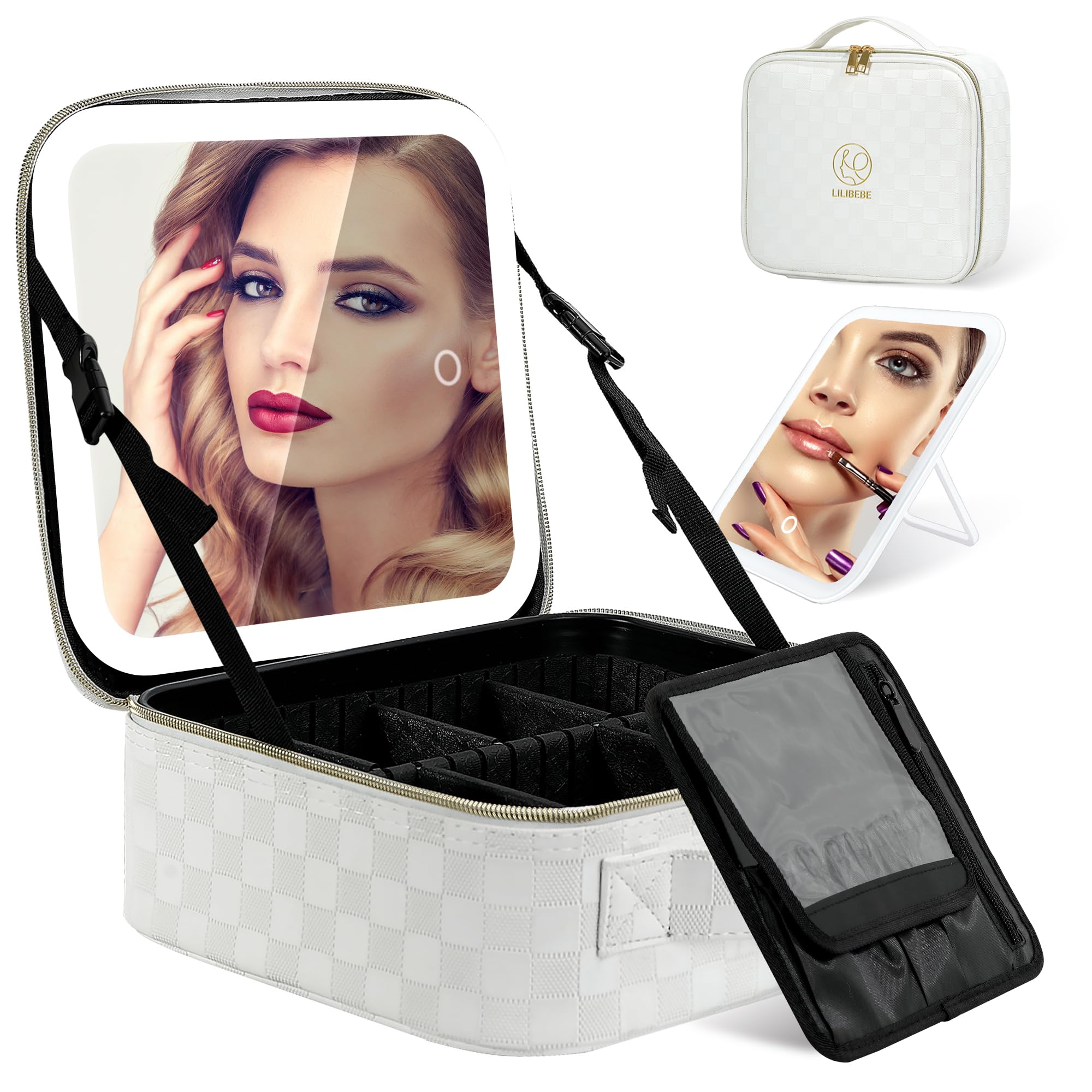 LILIBEBE Makeup Bag with Light up Detachable Mirror 3 Color Scenarios Adjustable Brightness Large Cosmetic Organizer Storage Adjustable Dividers