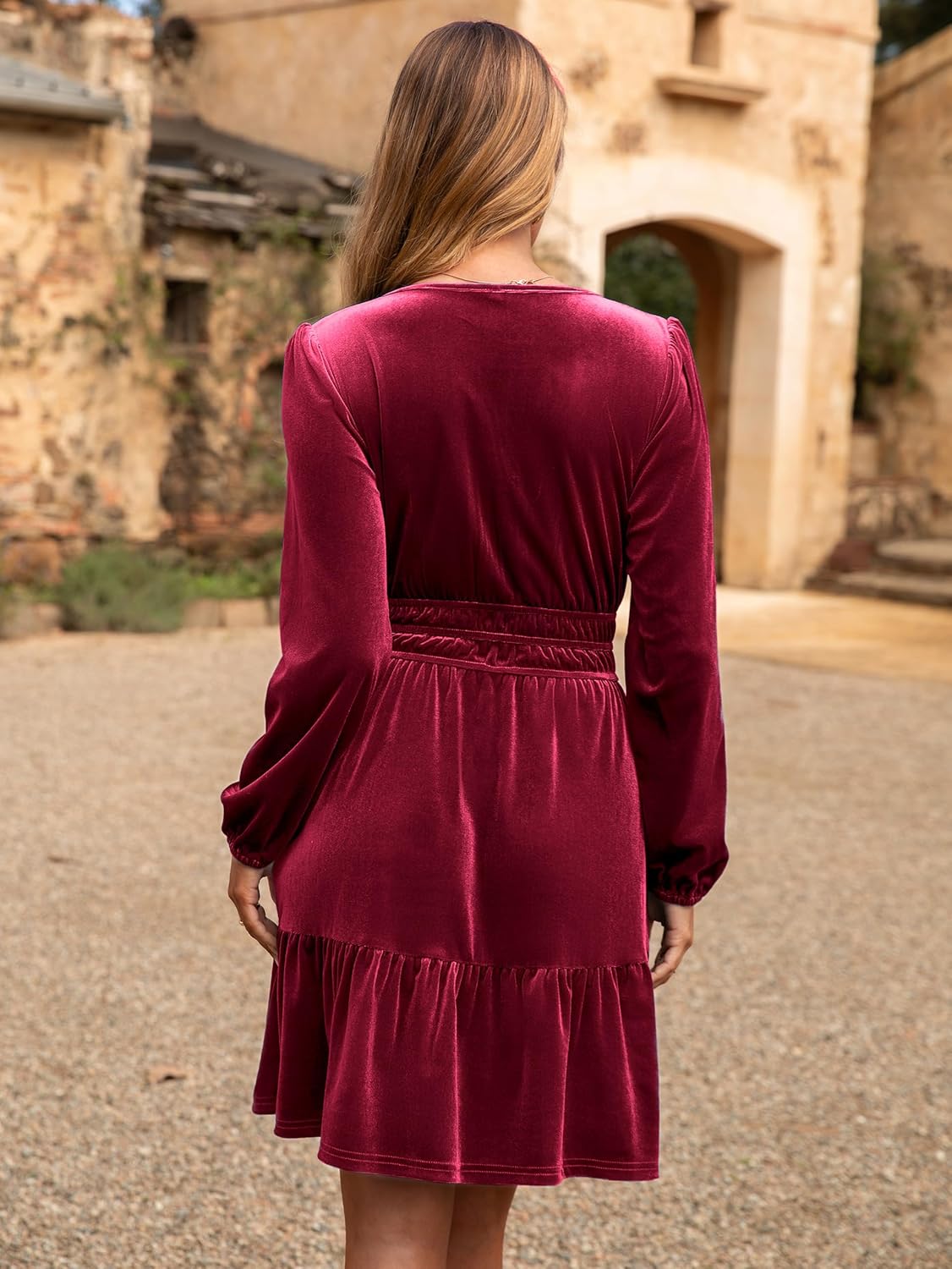 Simplee Womens Velvet Dress 2025 Fall Cocktail Long Sleeve Empire V Neck Wedding Guest Holiday Mini Dresses with Pockets - Image 4