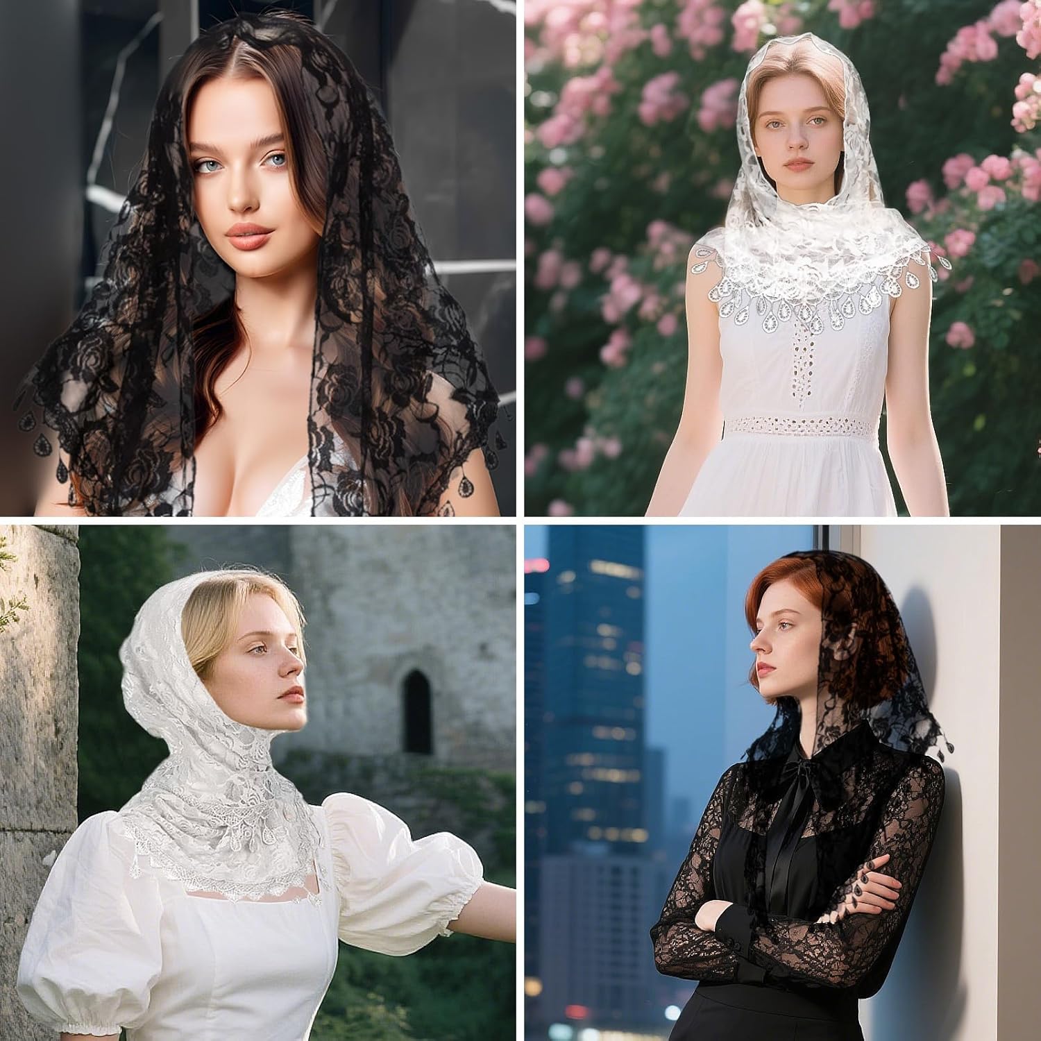 2 Pcs Mantilla Catholic Chapel Veils, Triangle Veil Cathedral Head Covering Triangle Lace Tulle Scarf Covering for Women Latin Mass Veils Church Headband Floral Headwrap for Wedding Bridesmaid - Image 7