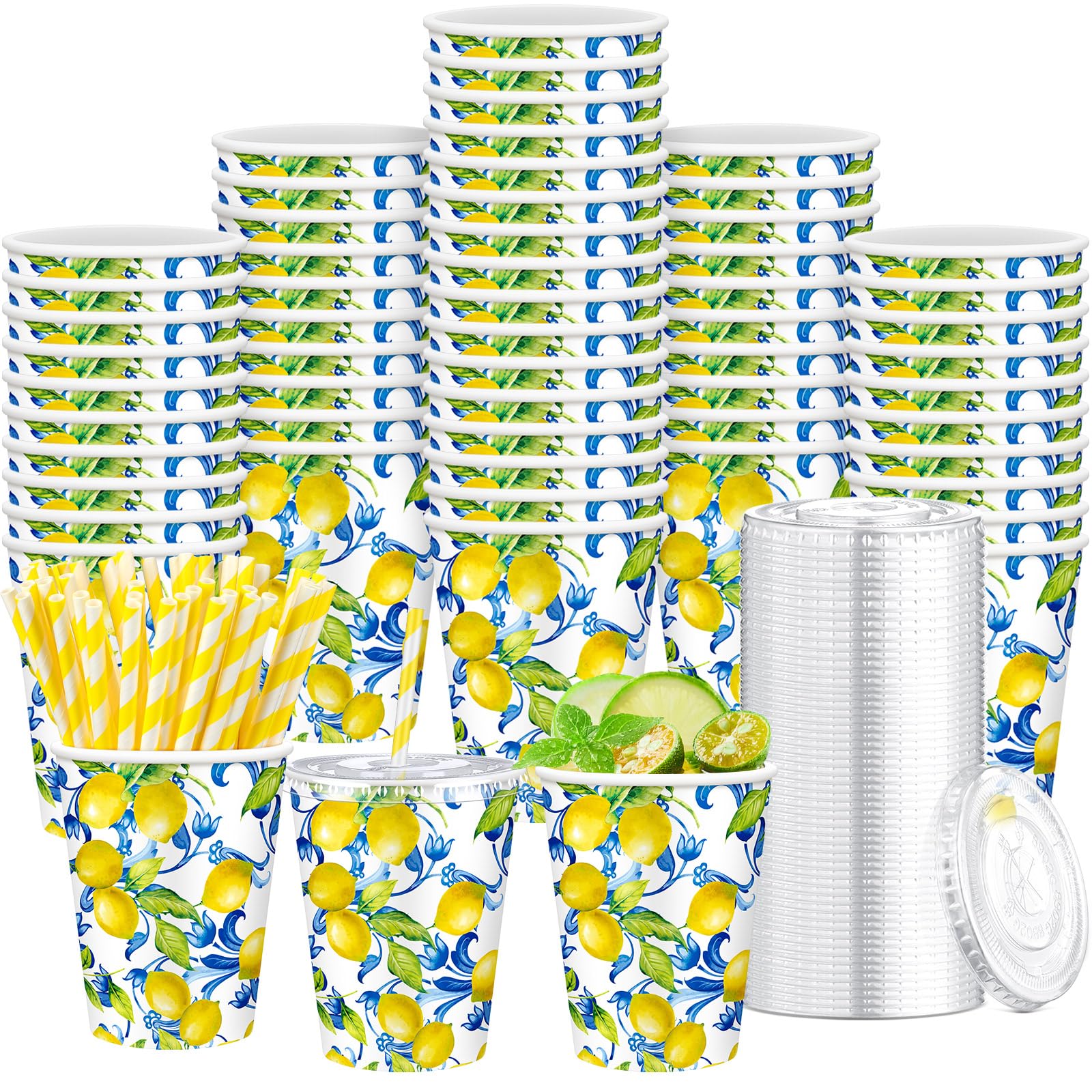 Tessco 150 Pcs 50 Sets Capri Lemon Paper Cups with Lids and Straws - 12 oz Blue Tiles Italian Lemon Cold Cups for Amalfi Coast Party, Bridal Shower,