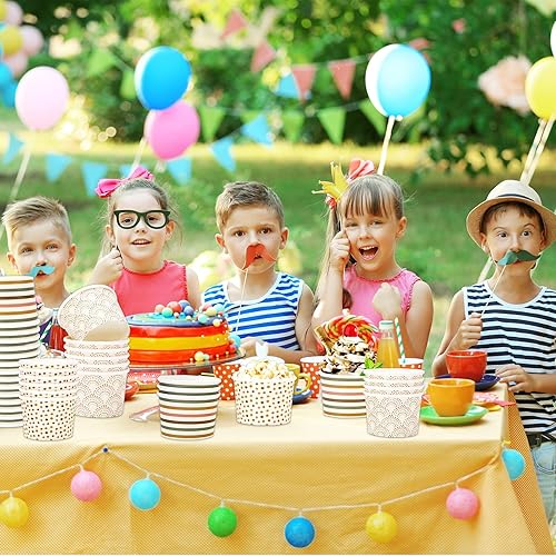 Miniatura 5 de Whaline 60 tazas de papel boho de 8 onzas, 3 estilos, bohemias, arco iris, lunares, rayas, tazones de papel desechables, cuencos de postre bohemios,