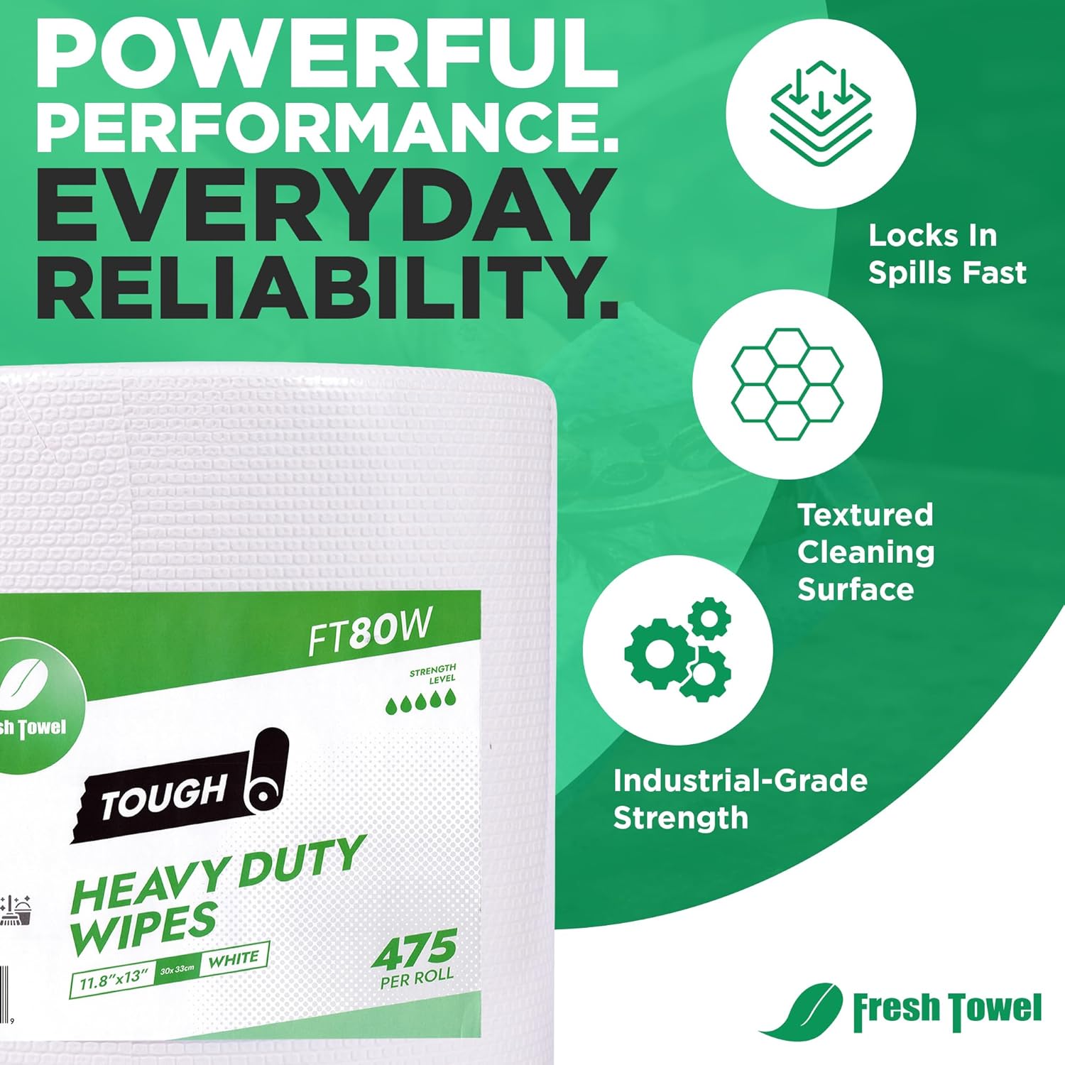 Fresh Towel FT80W Heavy Duty Wipes, White, 11.8" x 13" Inch Durable Multipurpose Cleaning Wipes for Household, Kitchen, Garage & Industrial Use (1 Roll of 475 Sheets)