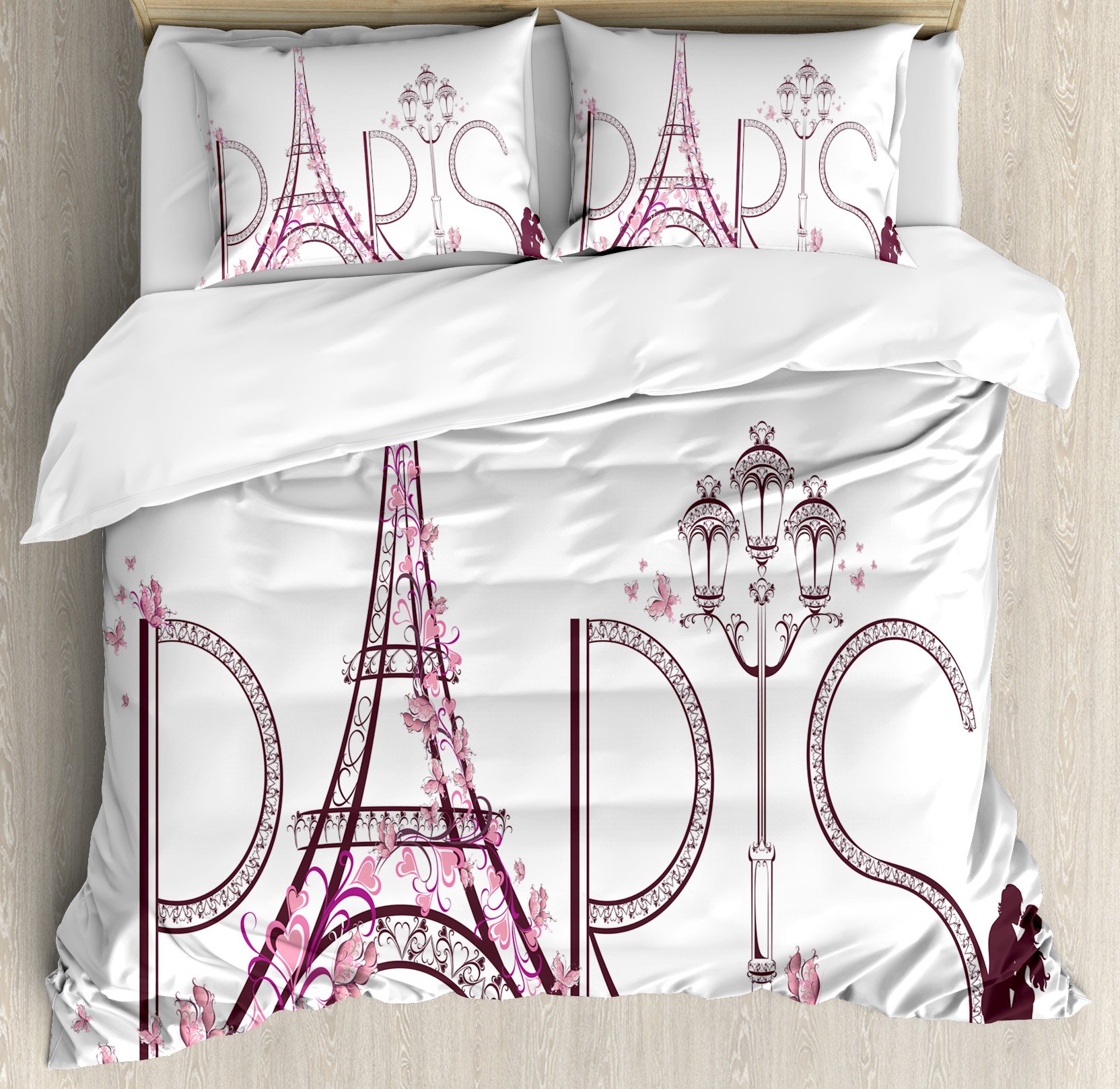 Ambesonne Paris Duvet Cover Set, Tower Eiffel with Paris Lettering Couple Trip Flowers Floral Design