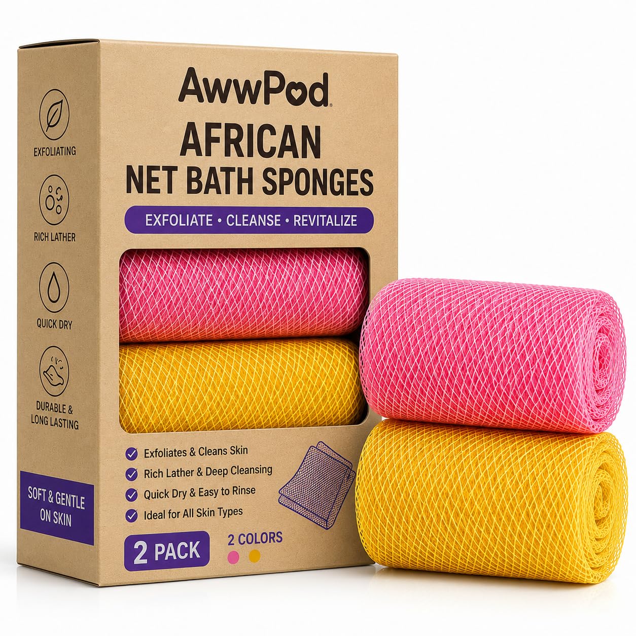 2 Pcs African Net Bath Sponge | Long Loofah Body Scrubber & Exfoliating Towel | Shower Sponge for Men & Women | Bathing Scrubber for Deep Cleaning, Skin Polishing & Smooth Skin (1, Standard)-image-24