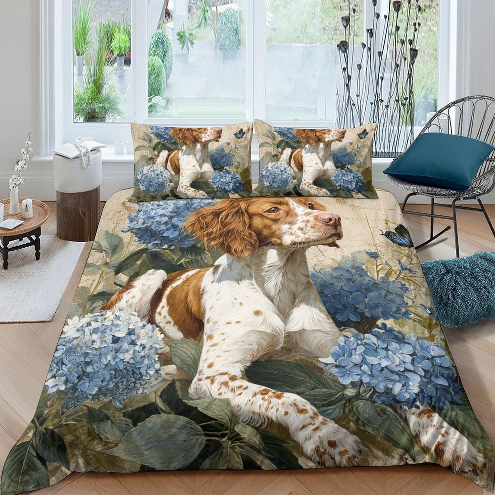 Ctjqhvkz Style-10 3D Printed Brown White Dog Fitted Sheet Microfiber Floral Blue Hydrangea Mattress Cover For Bedroom Guest Room Home Single（135X200cm）