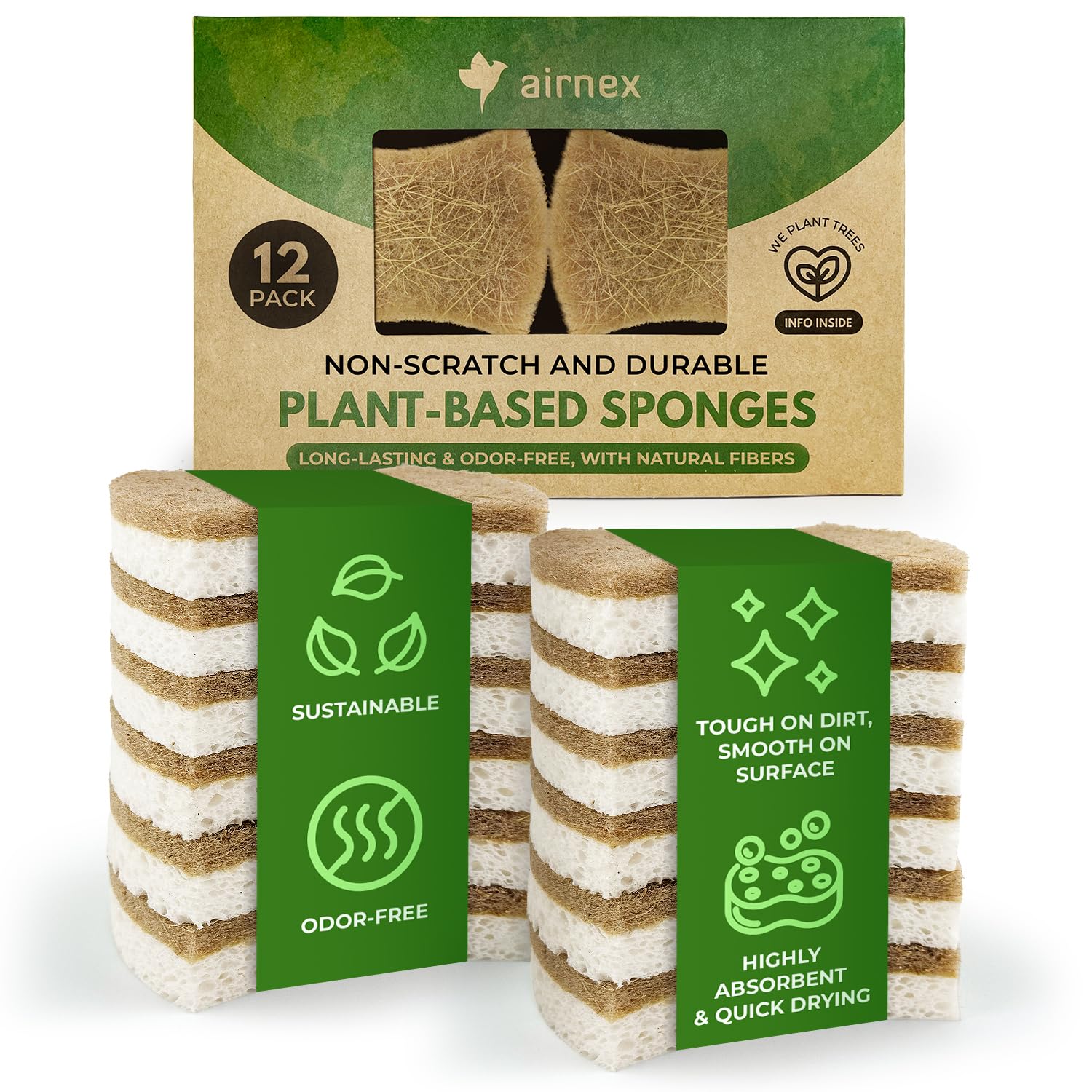 Biodegradable Natural Kitchen Sponge - Compostable Cellulose and Coconut Walnut Scrubber Sponge (12 Pack)
