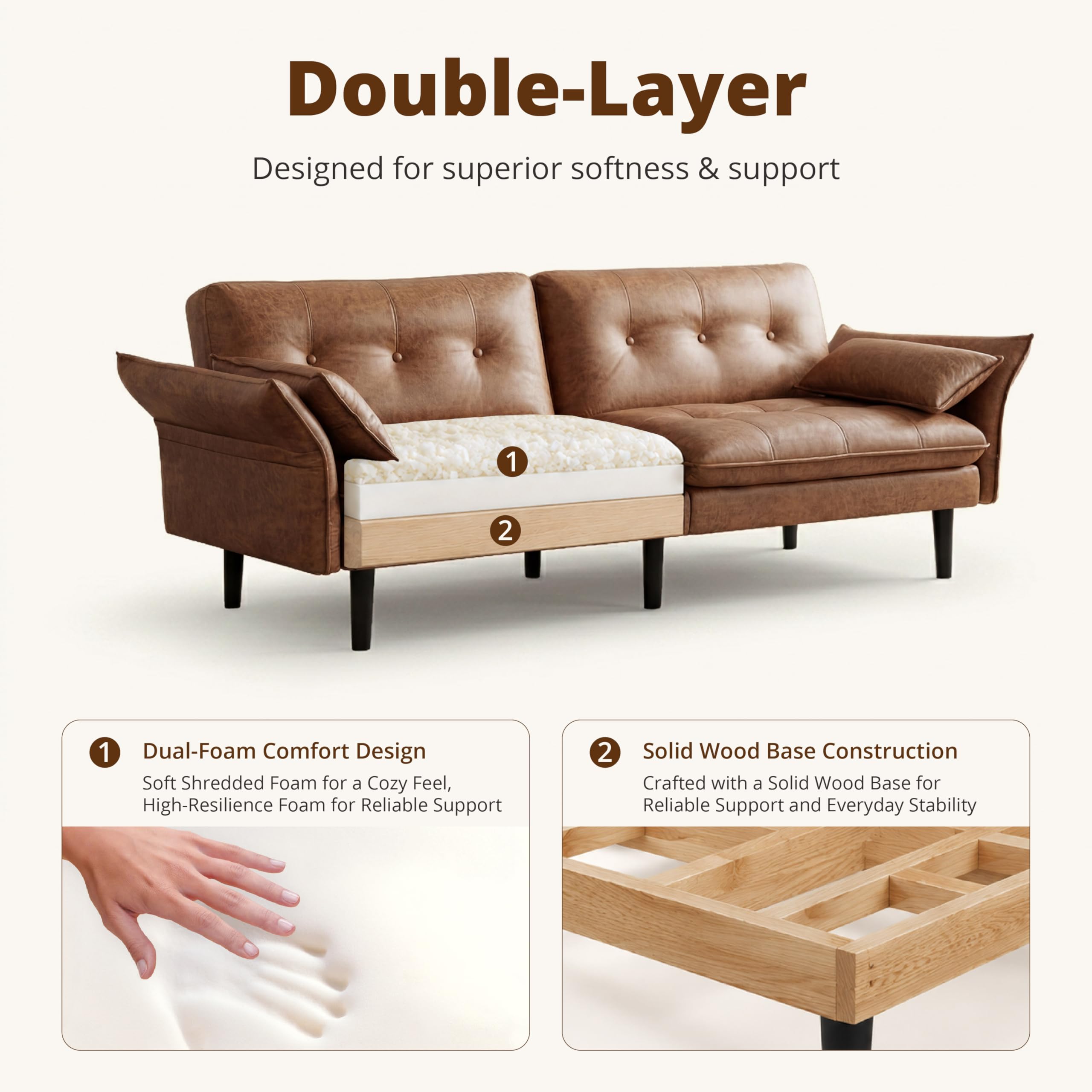 Faux Leather Futon Sofa Bed, Convertible Sleeper Sofa Couch | Leather Couch with Adjustable Backrest and Armrests, Sleeper Sofa for Living Room, Bedroom, Office, Camel(Brown)