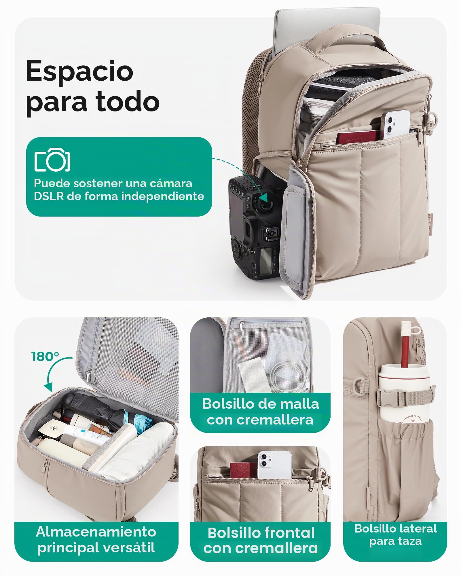 Bagsmart Mochila para cámara, DSLR SLR, bolsa para cámara fotográfica, compatible con portátiles de 13,3", mochila fotográfica resistente al agua, Café marrón, 35 x 25,5 x 14 cm