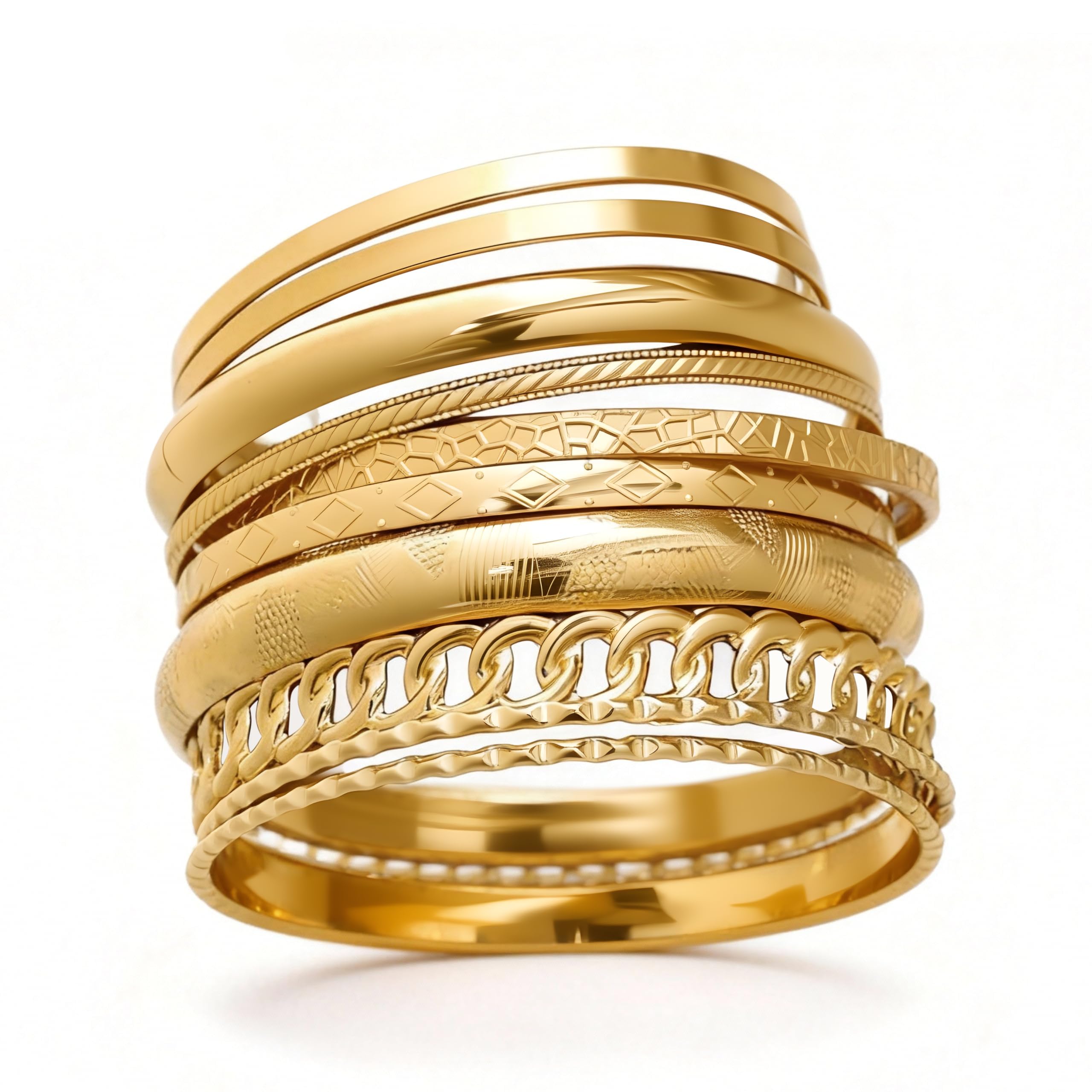 Gold Bracelet Bangle Set, 10 PCS Gold Bracelet for Women, 14 Carat, Stackable Bracciali Rigidi Donna, Indian Style, for Holidays and Daily Life