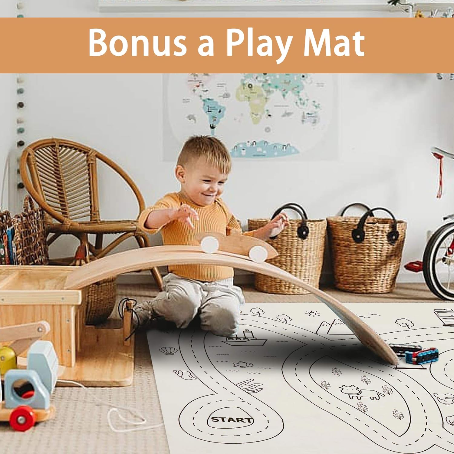 Mallify Wooden Balance Board with a Play Mat, Kids Natural Wood Rocker Board, Great Kids Learning Toy for Body Training, Exercise and Physical Therapy for Home & Classroom, 35’’ : Sports & Outdoors