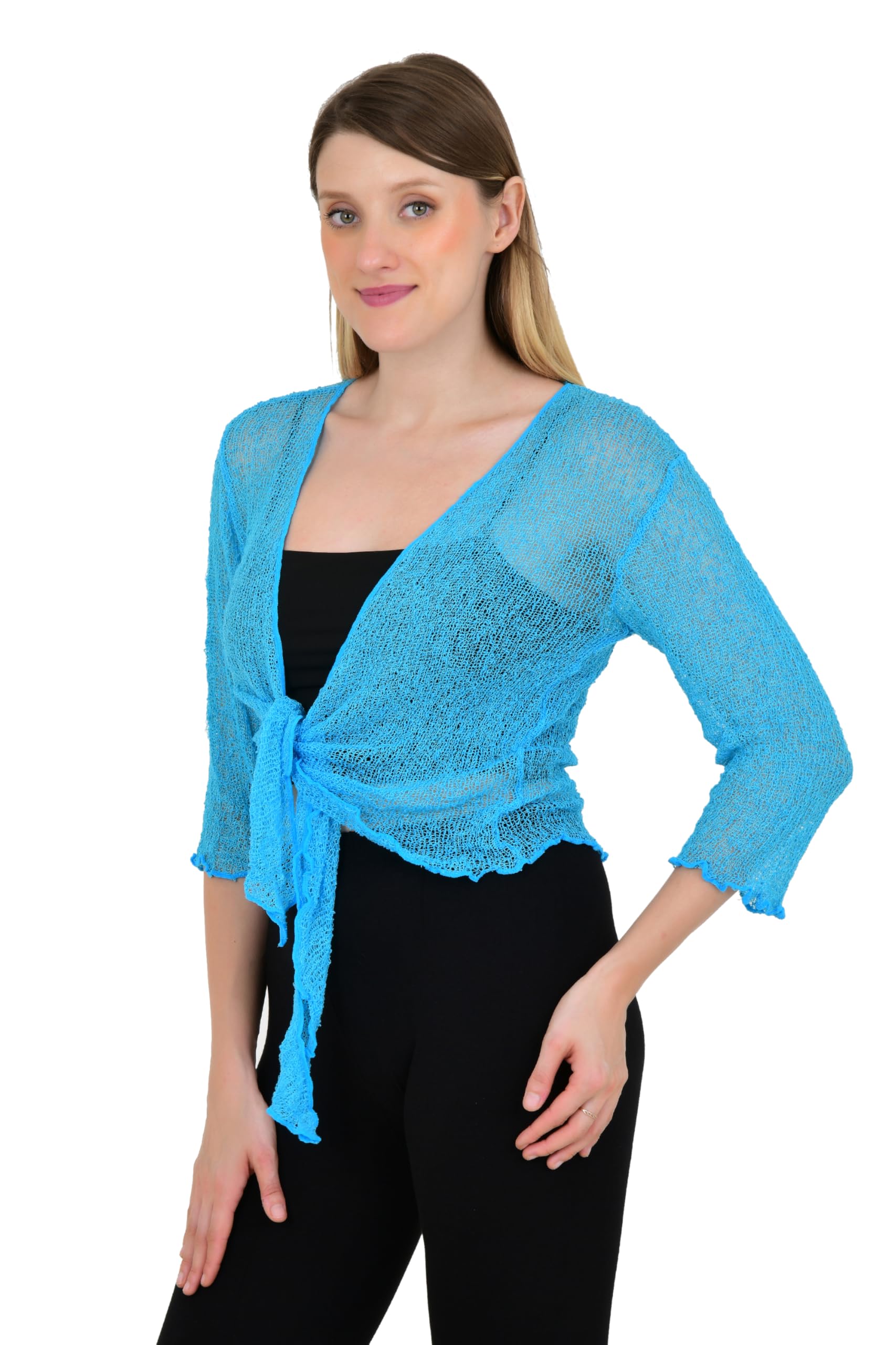 Lightweight Crochet Shrug for Women | Tie-Front Mesh Knit Cardigan | Ruffled Hem | Spring Summer Layer-picture-46