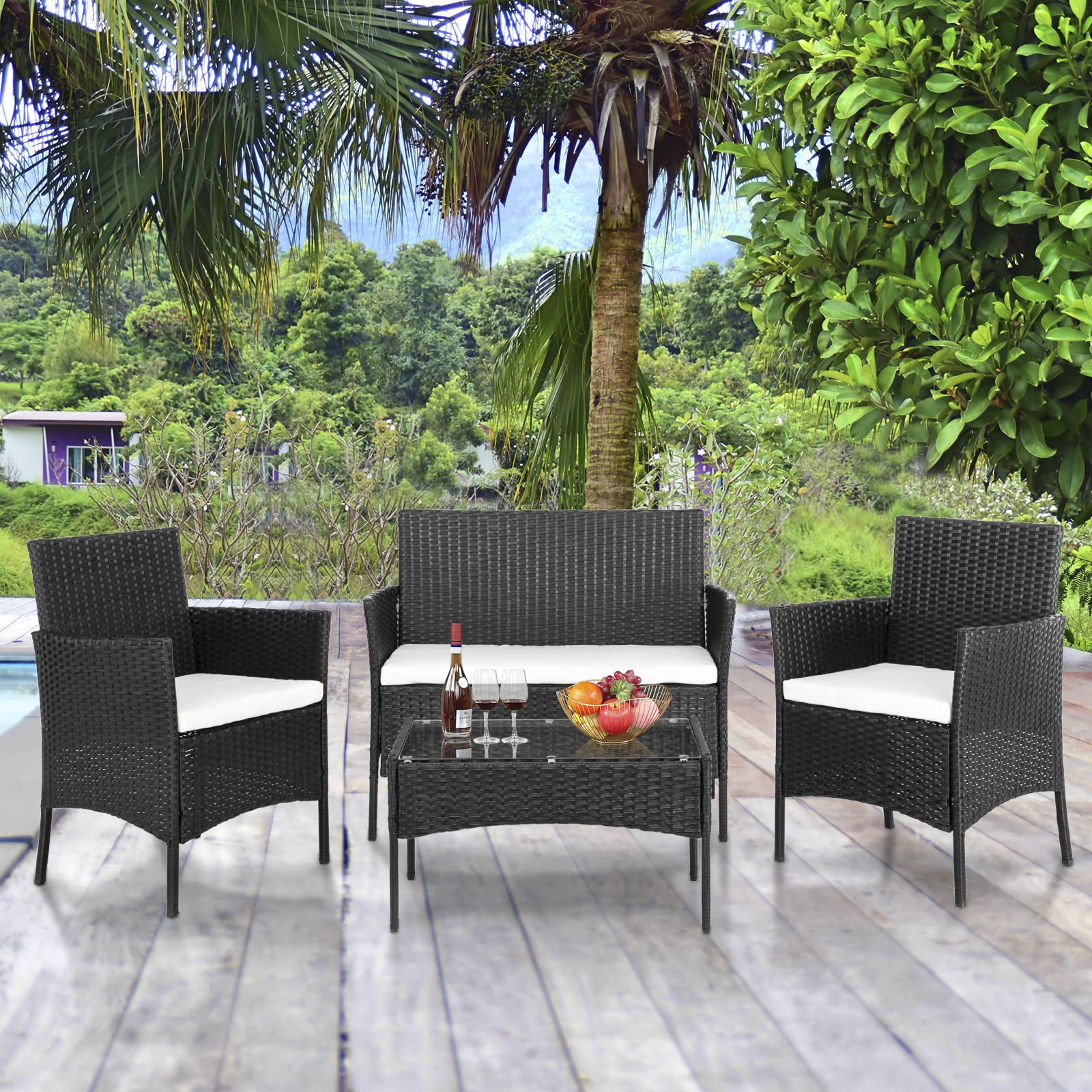 LEADZM Gartenmöbel, aus PE-Polyrattan, Balkonmöbel, Wetterfest,UV-Schutz, Sitzplätze für 4 Personen, Outdoor, für Terrasse, Balkon, Garten, Schwarz