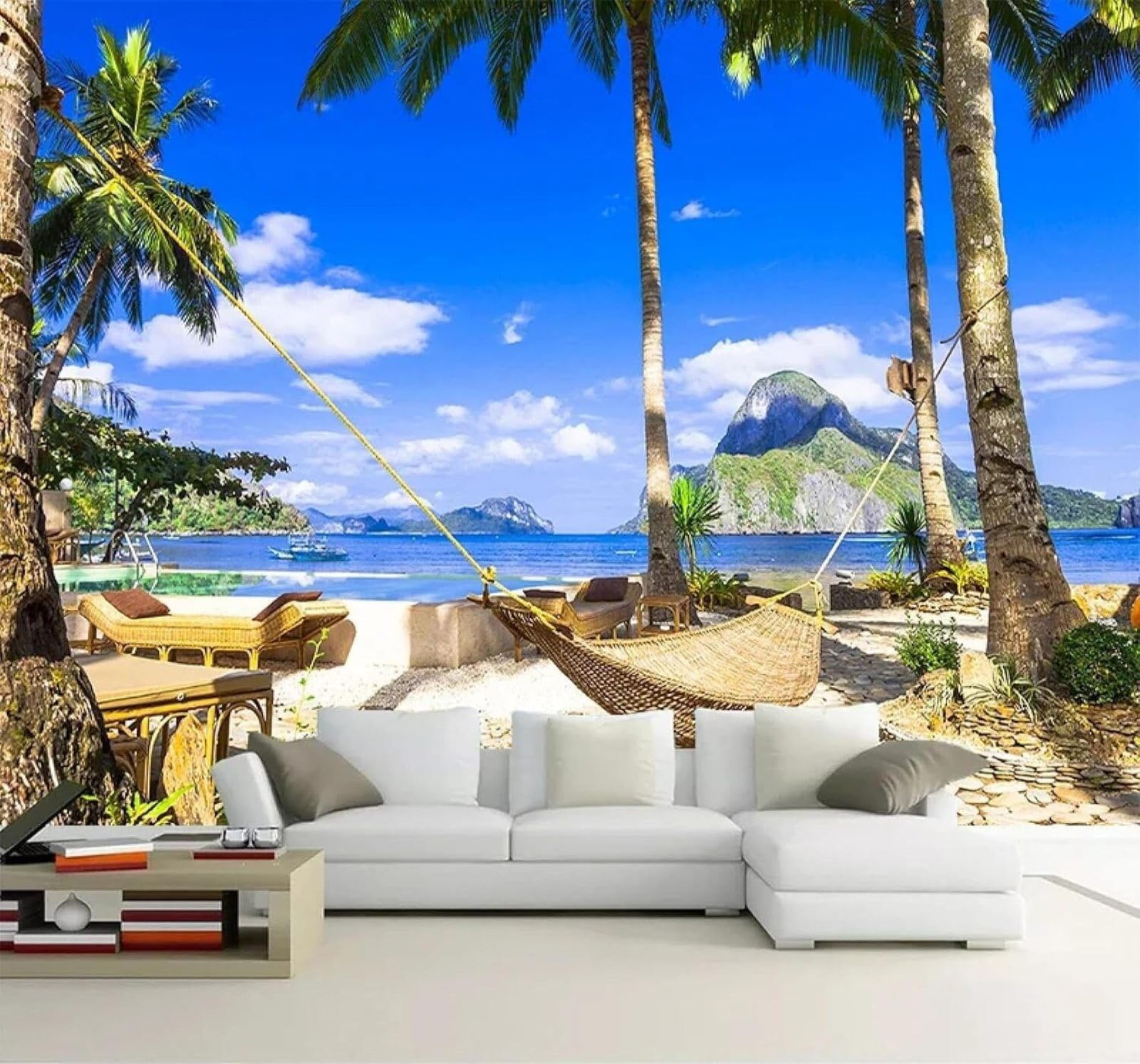 XLMING Blue Coast Beach Hammock Landscape 3D Wallpaper Silky Texture Home Study Office Grey Dining Room Sofa Bedroom Living Room TV Backdrop-250cm×170cm