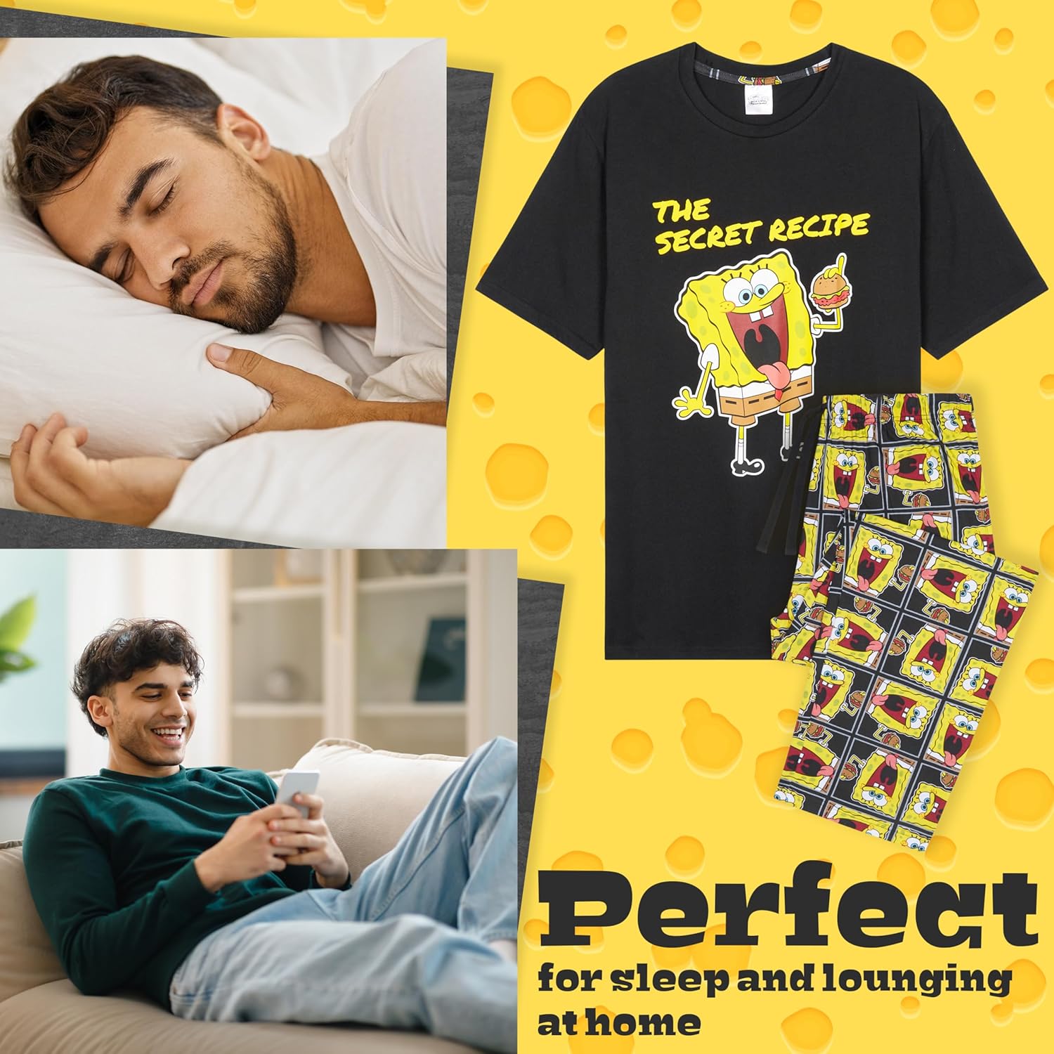SpongeBob SquarePants 2 Piece Pajama Set for Men Teens Comfy T Shirt PJ Pants Loungewear Summer Sleepwear Gifts for Men