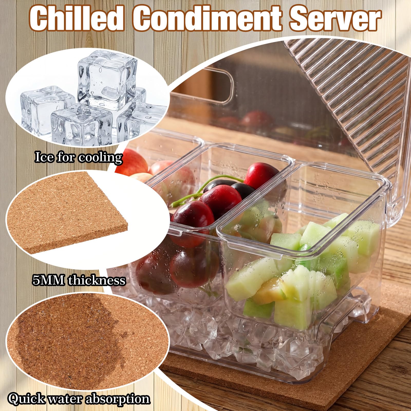 Sieral Set di 11 contenitori trasparenti per condimenti refrigerati con coperchio, tra cui 1 tampone in sughero, 5 cucchiai, 3 clip e adesivi per bar, frutta, insalata, taco e decorazioni per feste