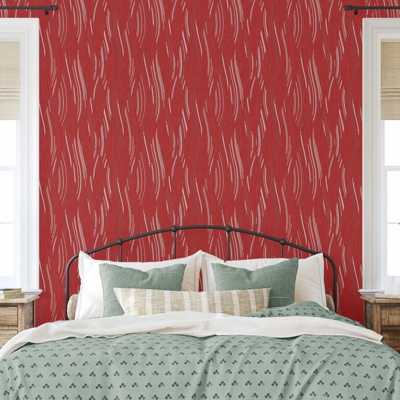 Love Your Walls Shimmer Wave Curved Stripe Design with Metallic and Glitter Elements Wallpaper Perfect for Bedrooms Feature Walls Red J74610