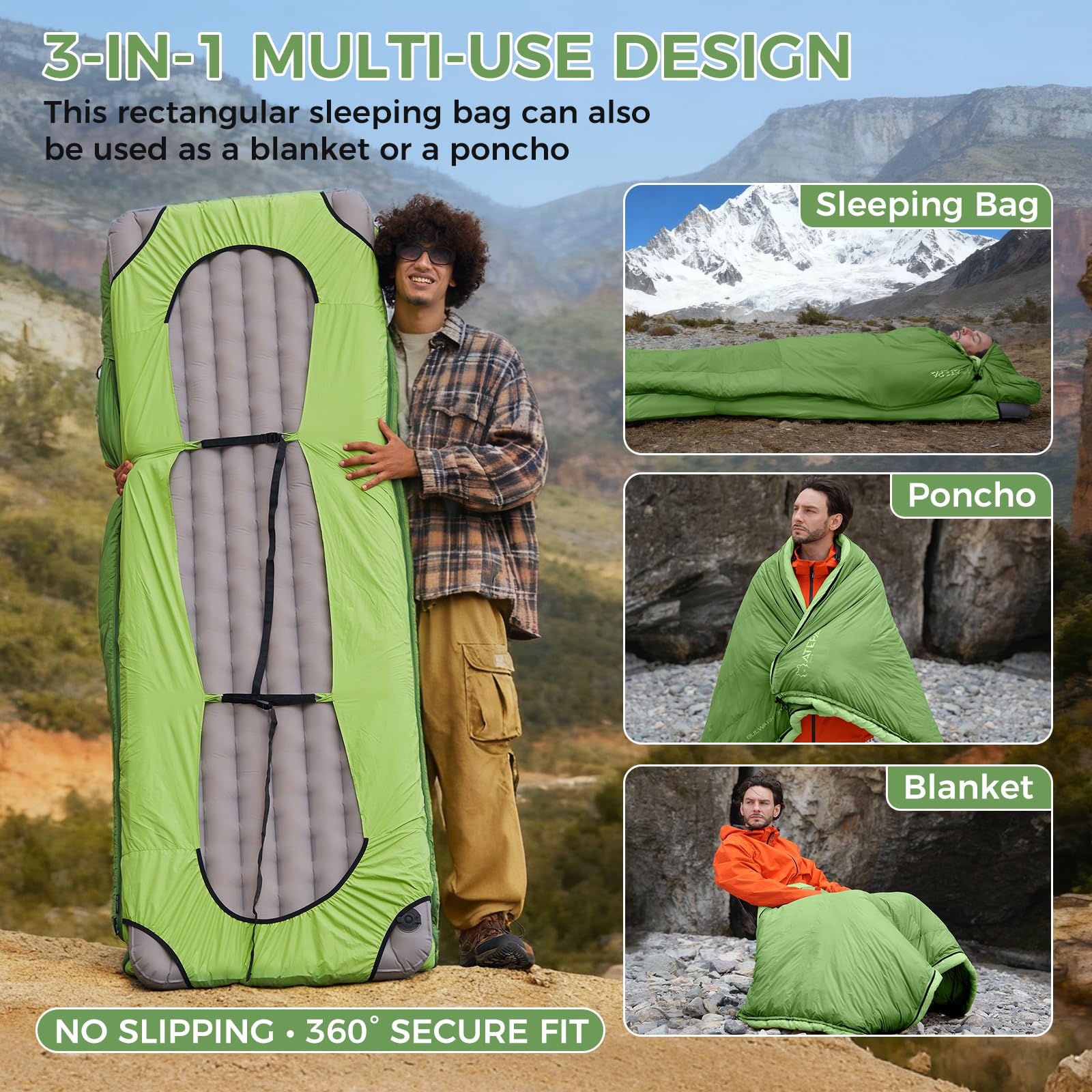 ATEPA Saco de Dormir de plumón para mochilero, Ultraligero, 650 FP, -6.7 °C/-1.1 °C 4 Estaciones, Saco de Dormir de 2 Piezas, Material reciclable con Saco de compresión, como Manta, Verde