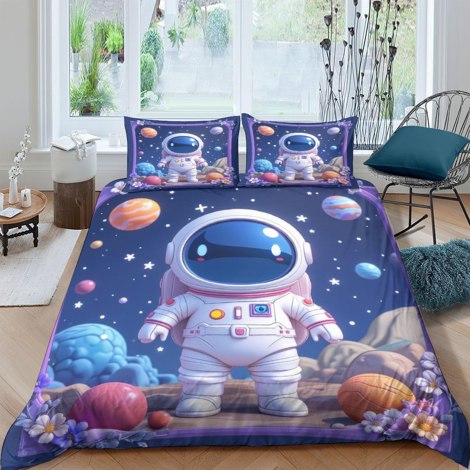 Ctjqhvkz Style-2 3D Printed Astronaut Galaxy Fitted Sheet Microfiber Soft Breathable Space Planet Bed Cover For Bedroom Dorm Decor Single（135X200cm）