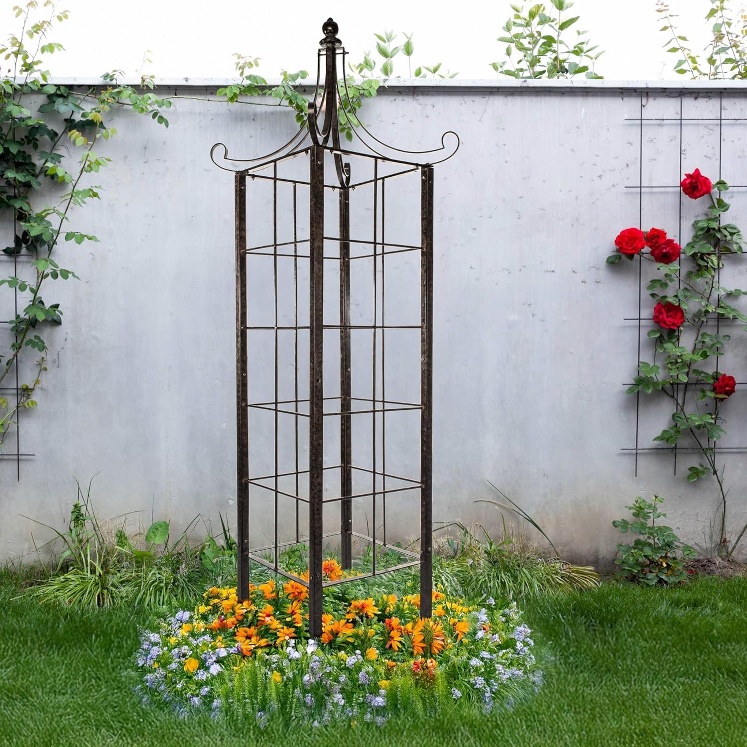 H Potter Garden Obelisk Trellis 7.5 FT Tall — 77-Lb Heavy Duty Iron for Climbing Roses, Clematis, Jasmine — Decorative Finial, Ground Spikes Included, Freestanding