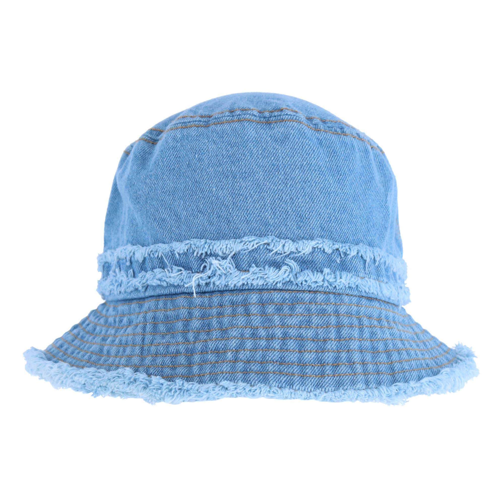 David & Young Women's Distressed Denim Bucket Hat with Frayed Edges, Blue