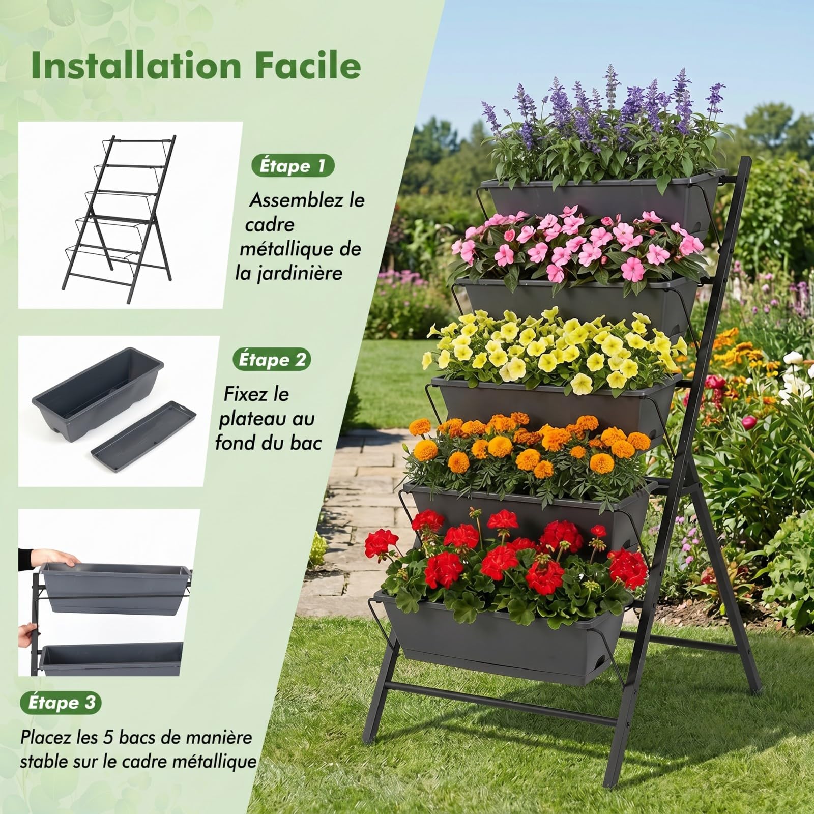 COSTWAY Jardinière Verticale Surélevée à 5 Niveaux sur Pied, Bac à Fleurs Autoportante avec 5 Bacs de Plantation et Trous de Drainage Plateau Amovible, pour Jardin Balcon Terrasse (Noir)
