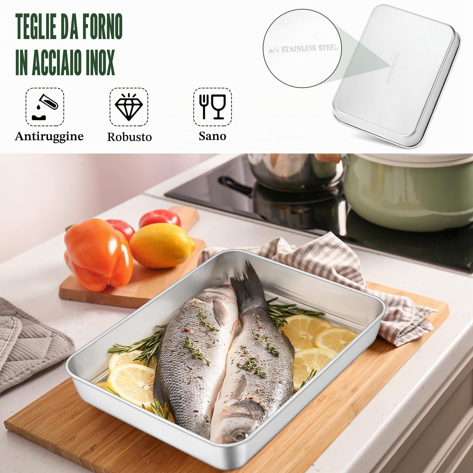 Joyfair Set di 3 teglie da forno in acciaio inox, rettangolari, profonde, per arrostire e servire, resistenti, antiruggine e facili da pulire, 3 diverse dimensioni