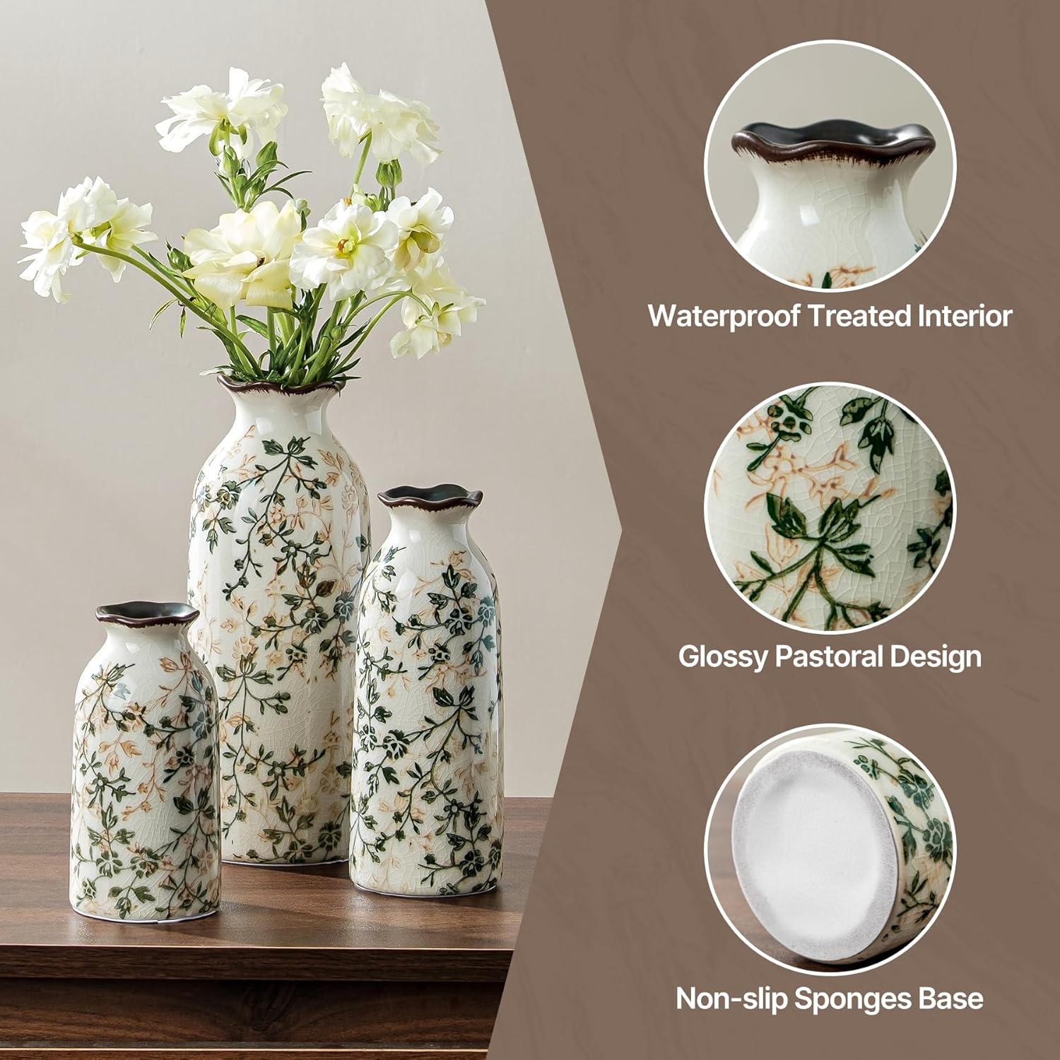 Ceramic Vase Set of 3, Vintage Green & Beige Chinoiserie Floral Vases, Rustic Grandmillennial Farmhouse Decor for Living Room, Kitchen, Bedroom